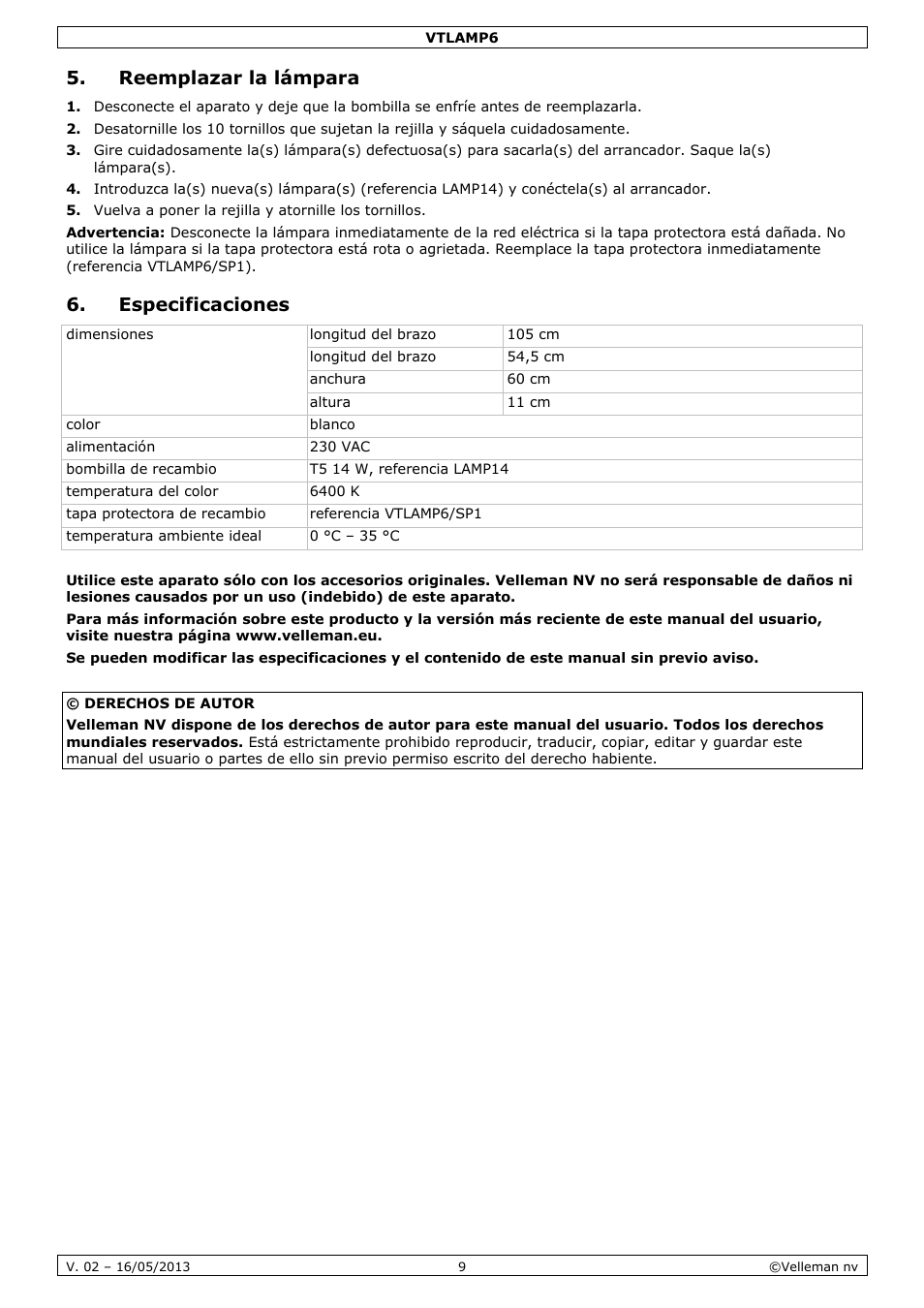 Reemplazar la lámpara, Especificaciones | Velleman VTLAMP6 User Manual | Page 9 / 17