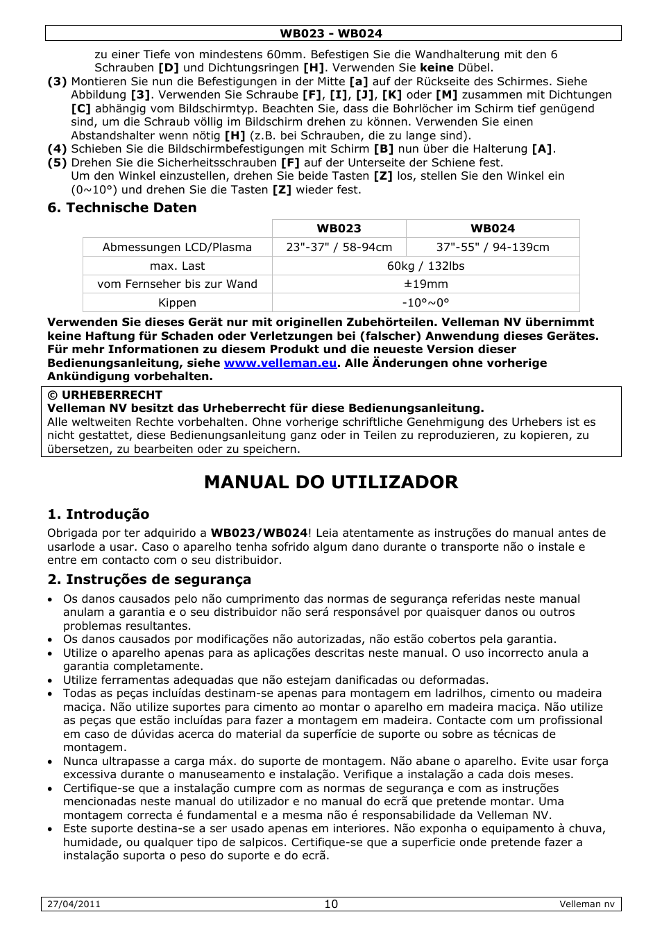 Manual do utilizador | Velleman WB023 User Manual | Page 10 / 14