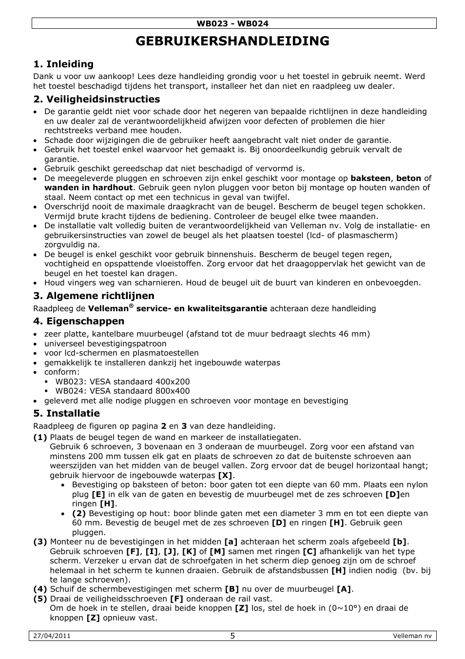 Gebruikershandleiding | Velleman WB023 User Manual | Page 5 / 14