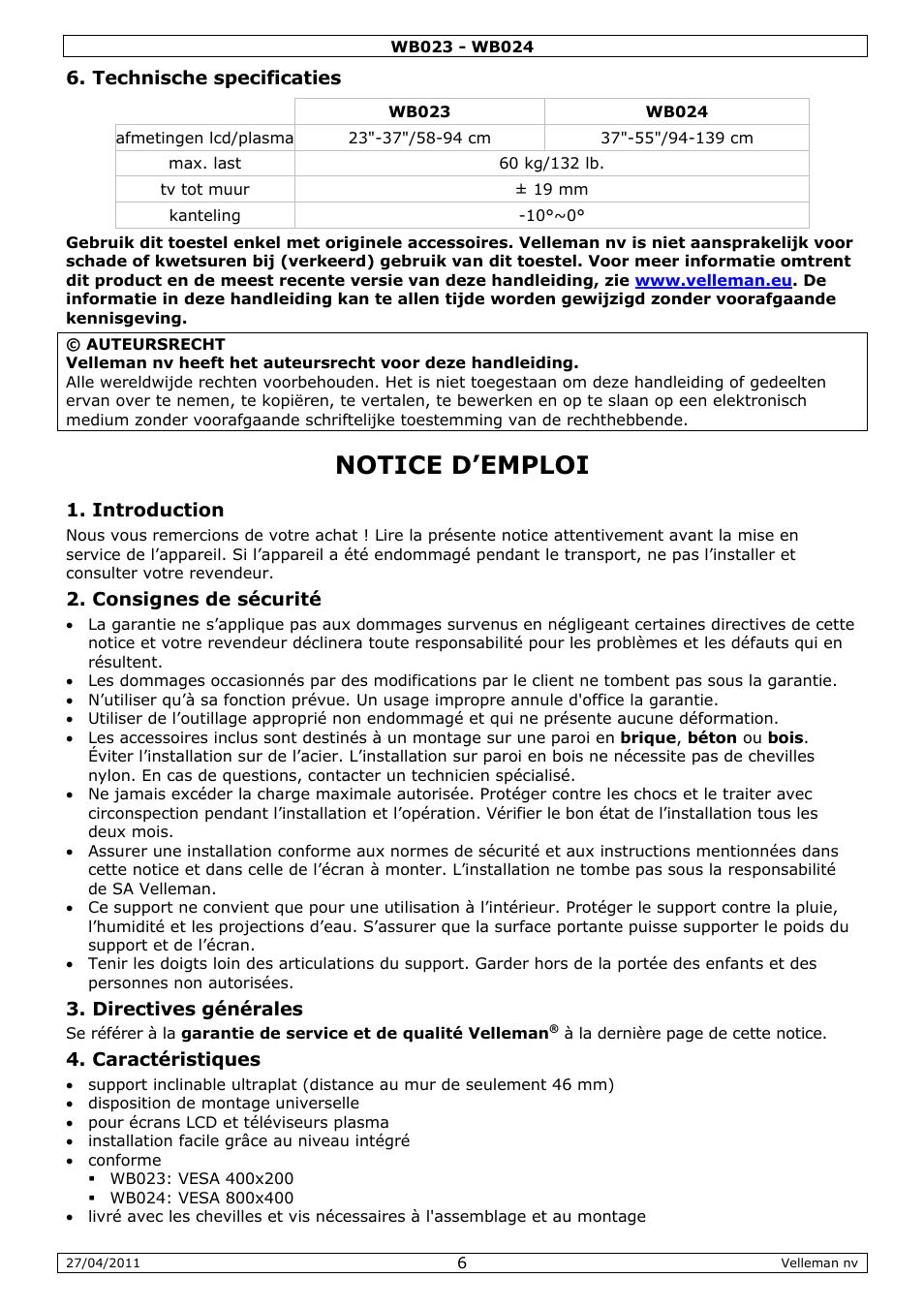 Notice d'emploi, Notice d’emploi | Velleman WB023 User Manual | Page 6 / 14