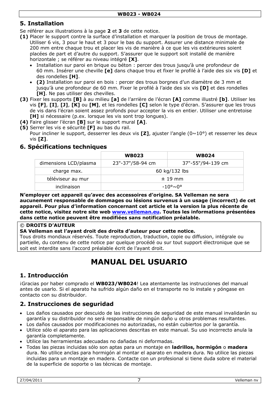 Manual del usuario | Velleman WB023 User Manual | Page 7 / 14