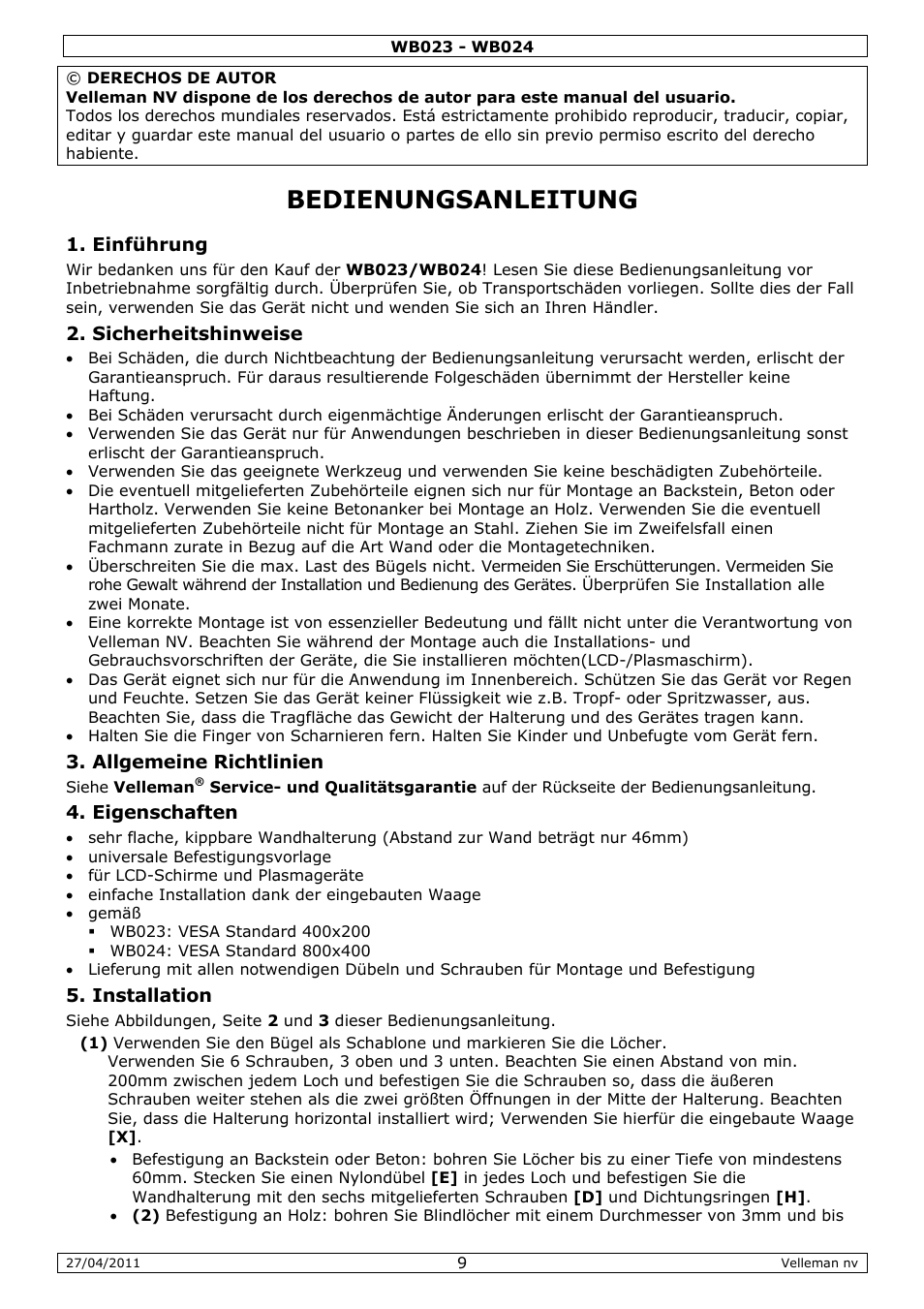 Bedienungsanleitung | Velleman WB023 User Manual | Page 9 / 14