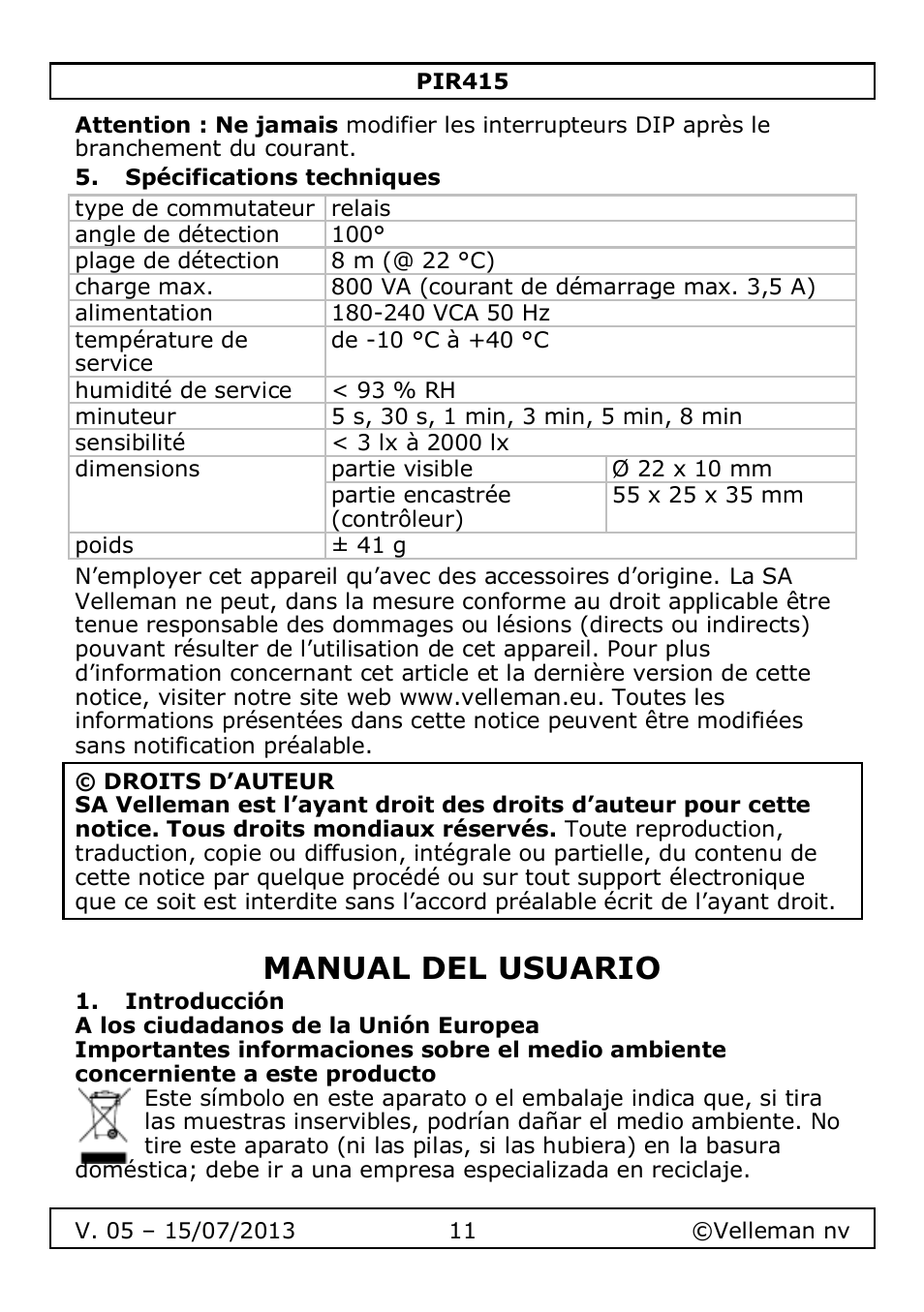 Spécifications techniques, Manual del usuario, Introducción | Velleman PIR415 User Manual | Page 11 / 22