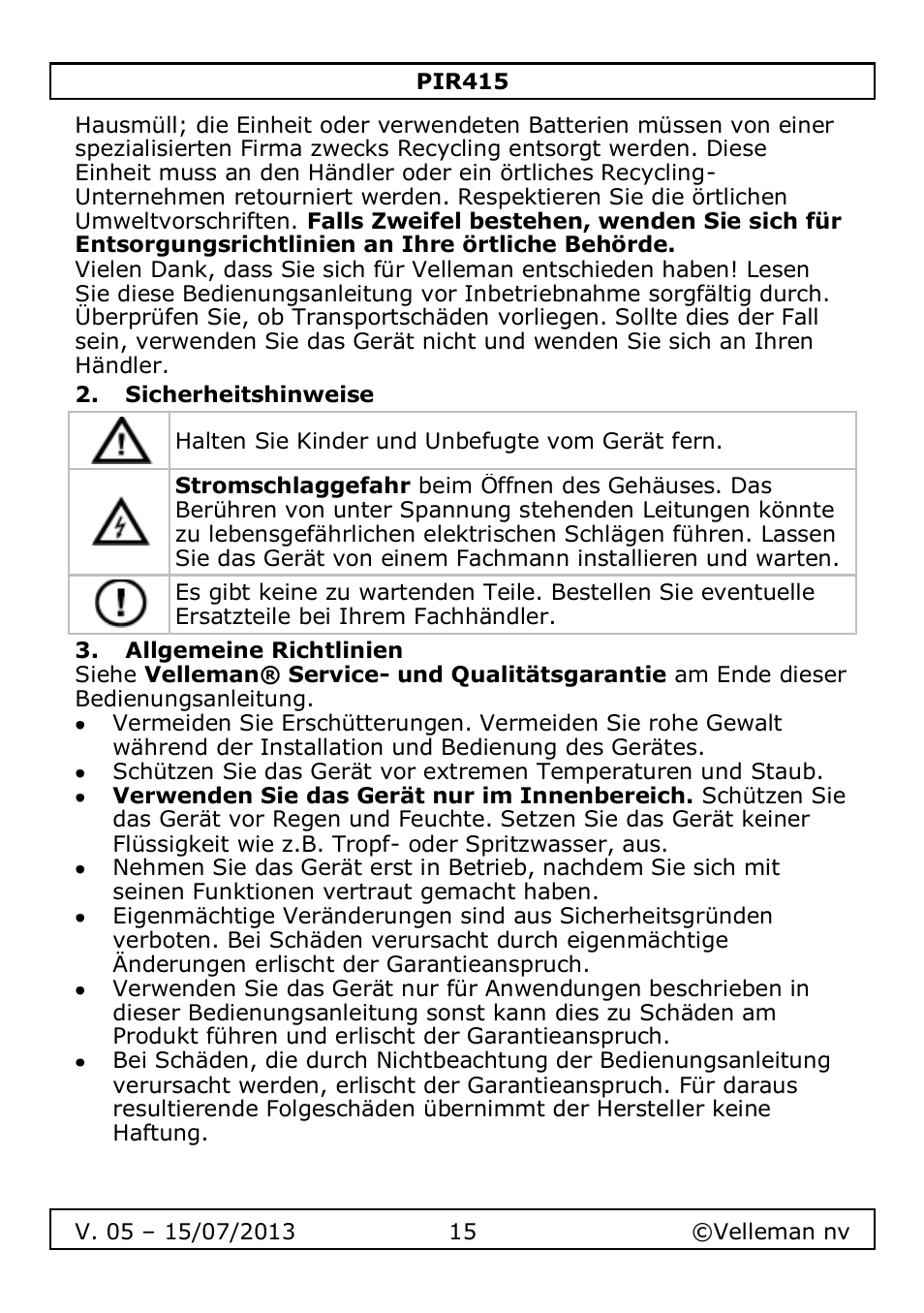 Sicherheitshinweise, Allgemeine richtlinien | Velleman PIR415 User Manual | Page 15 / 22