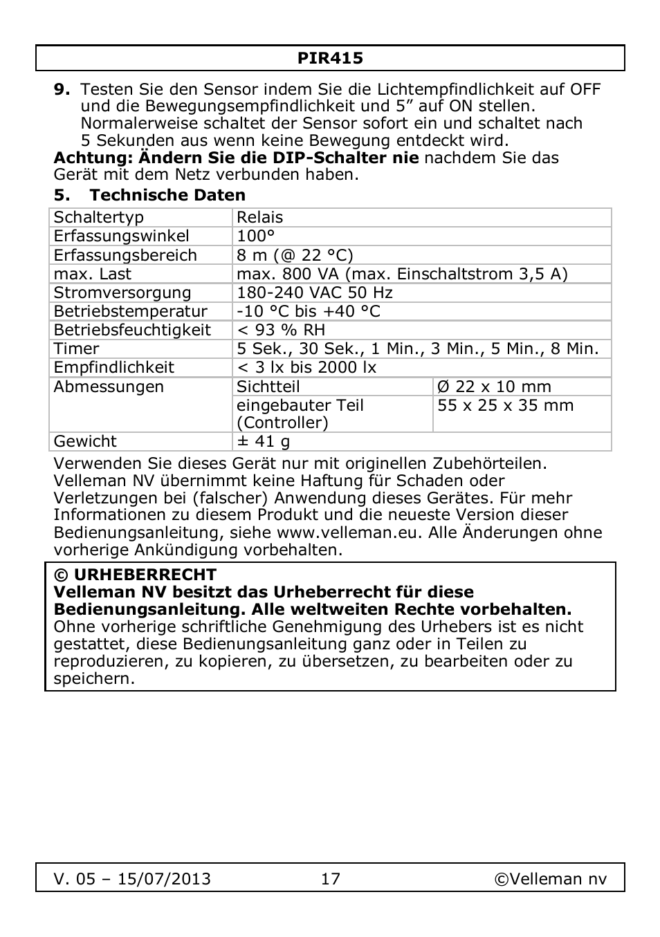 Technische daten | Velleman PIR415 User Manual | Page 17 / 22