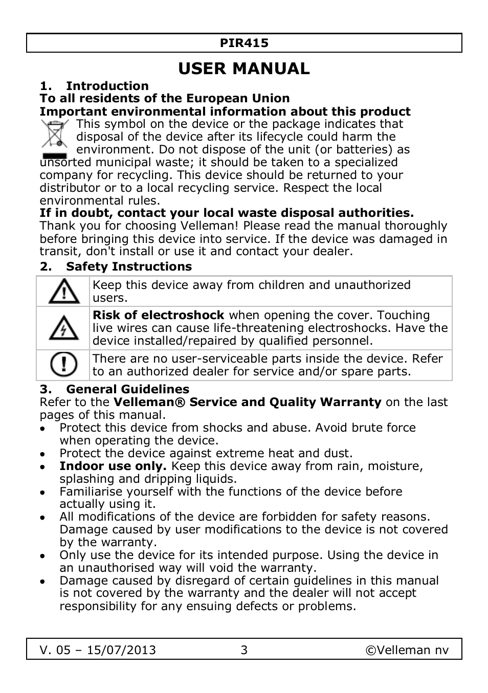 User manual, Introduction, Safety instructions | General guidelines | Velleman PIR415 User Manual | Page 3 / 22