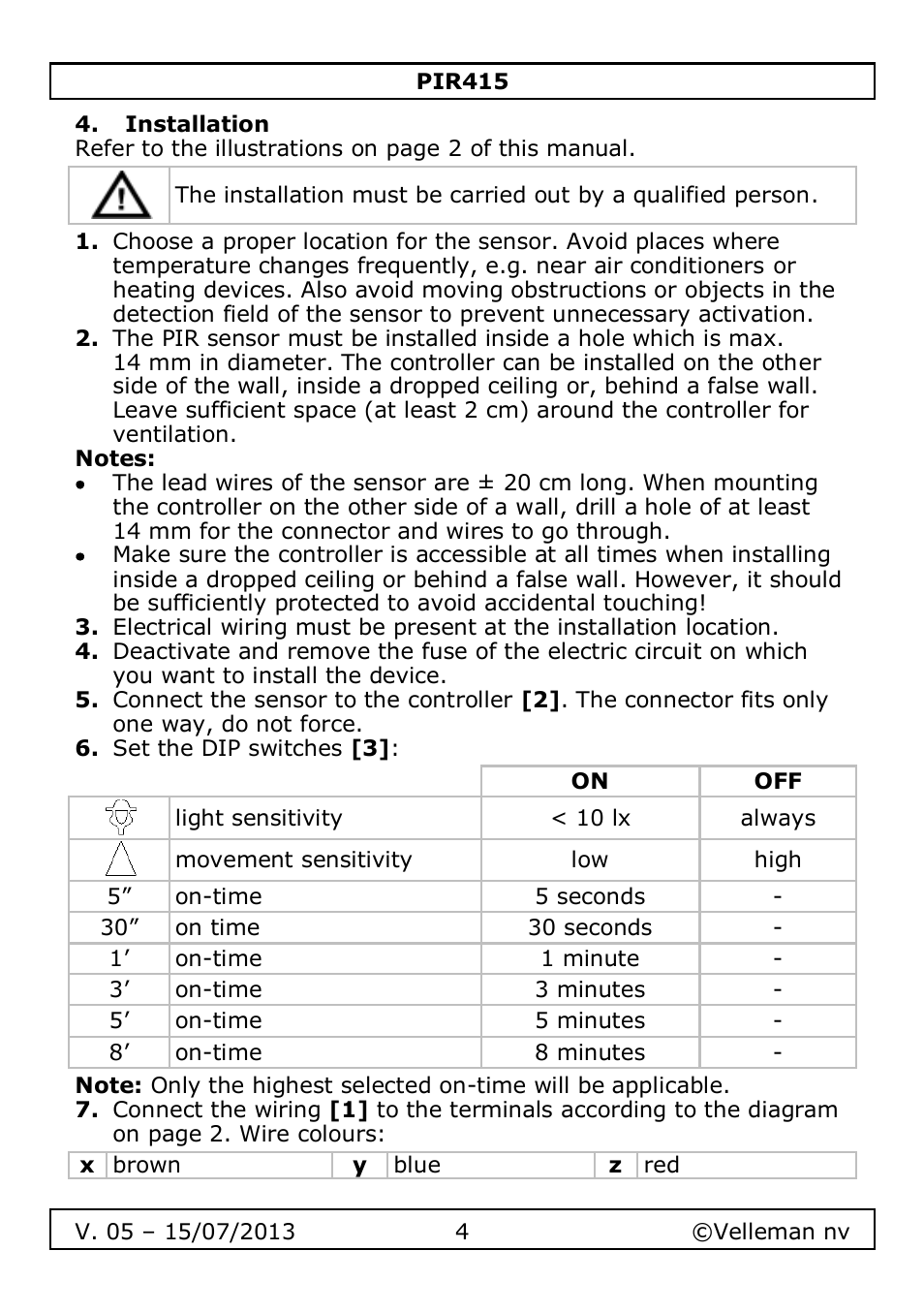 Installation | Velleman PIR415 User Manual | Page 4 / 22