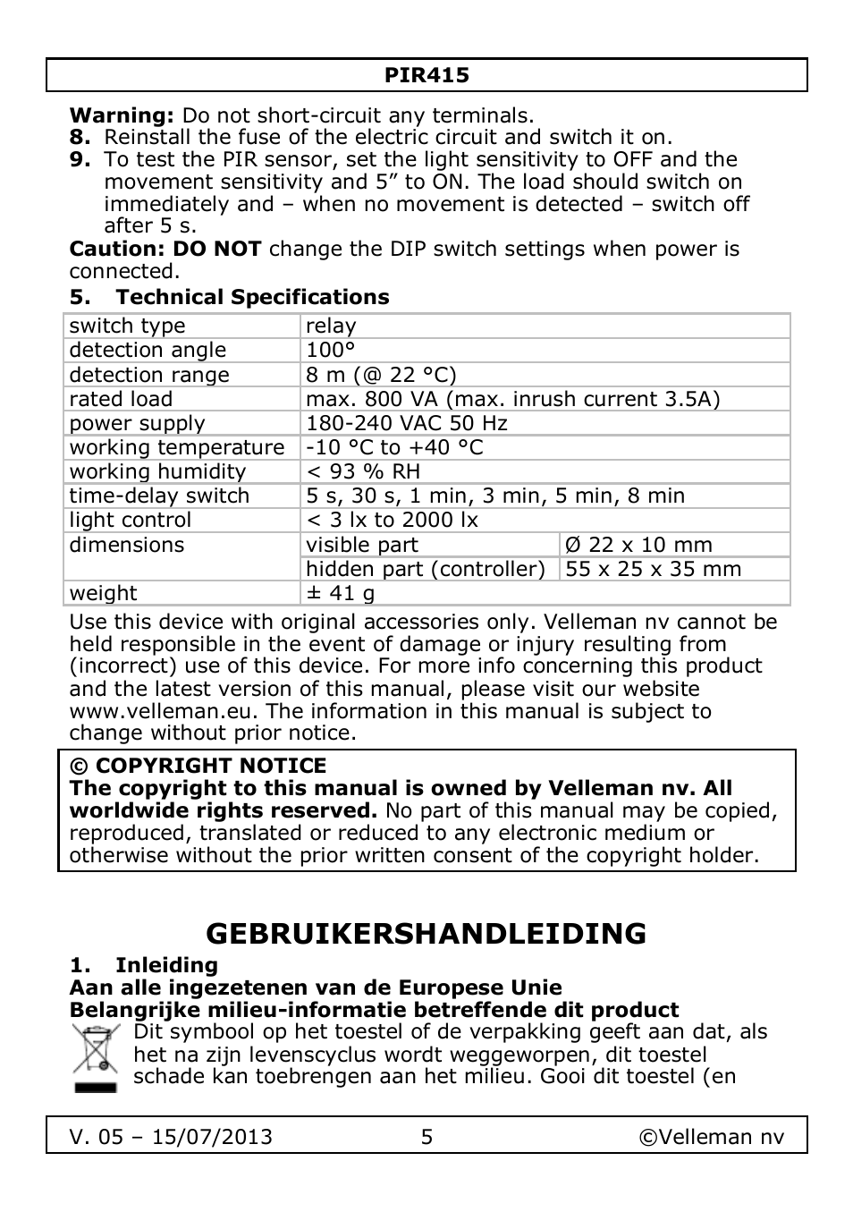 Technical specifications, Gebruikershandleiding, Inleiding | Velleman PIR415 User Manual | Page 5 / 22