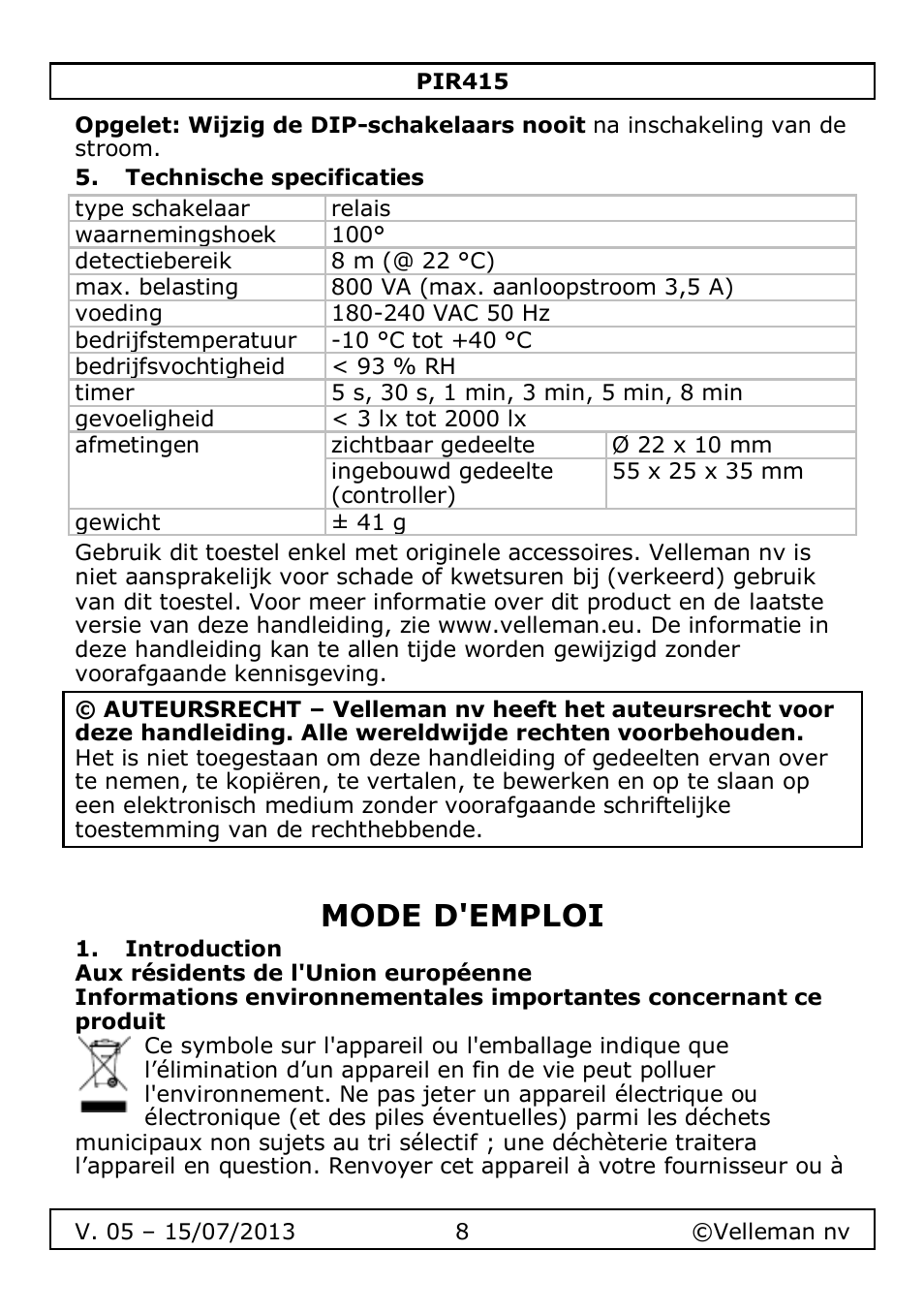 Technische specificaties, Mode d'emploi, Introduction | Velleman PIR415 User Manual | Page 8 / 22