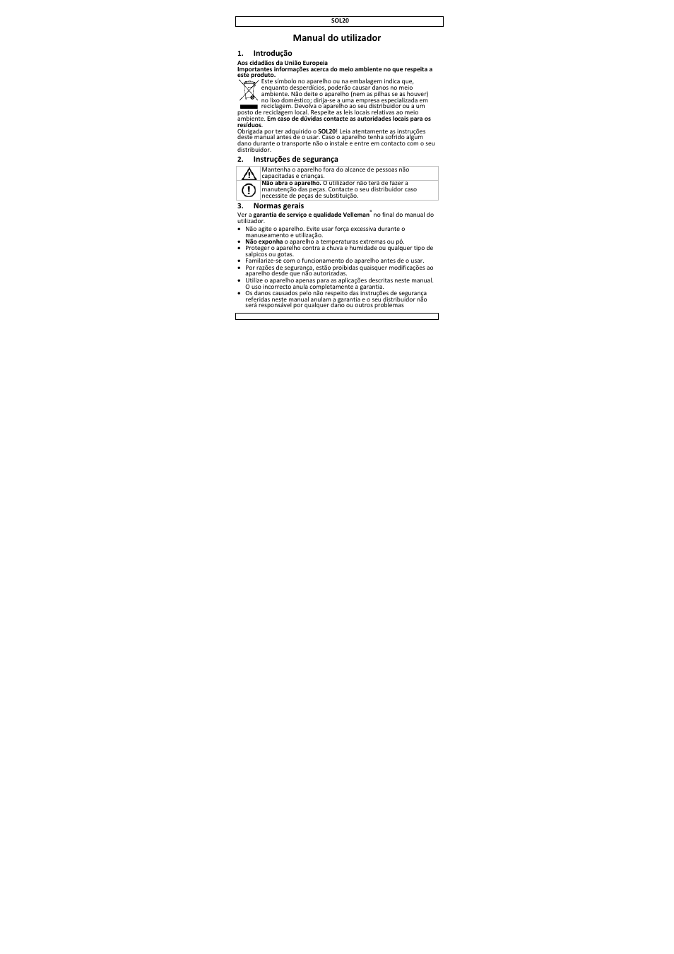 Manual do utilizador, Manual do, Utilizador | Velleman SOL20 User Manual | Page 16 / 23