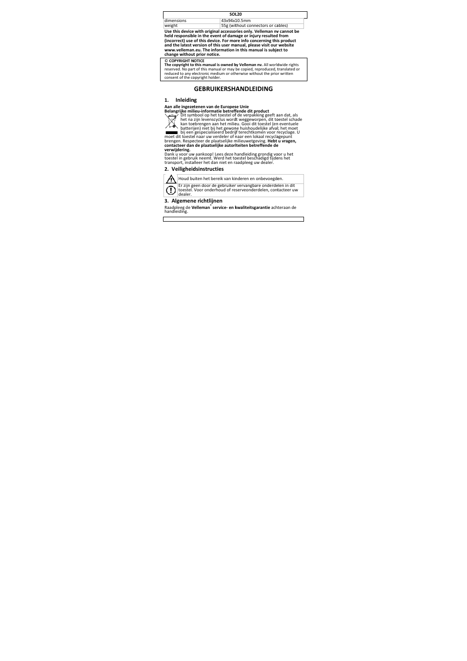 Gebruikershandleiding, Gebruikersh, Andleiding | Velleman SOL20 User Manual | Page 6 / 23