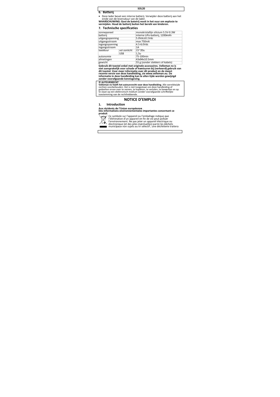 Notice d'emploi, Notice d, Emploi | Velleman SOL20 User Manual | Page 8 / 23