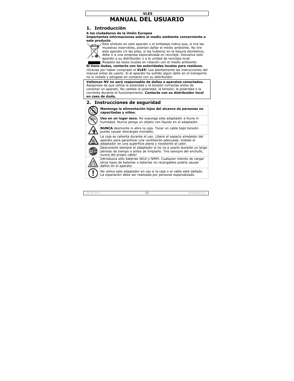 Manual del usuario, Manua, Al del u | Usuario, Intr, Inst, Roducción, Trucciones d, De segurida | Velleman VLE5 User Manual | Page 11 / 20