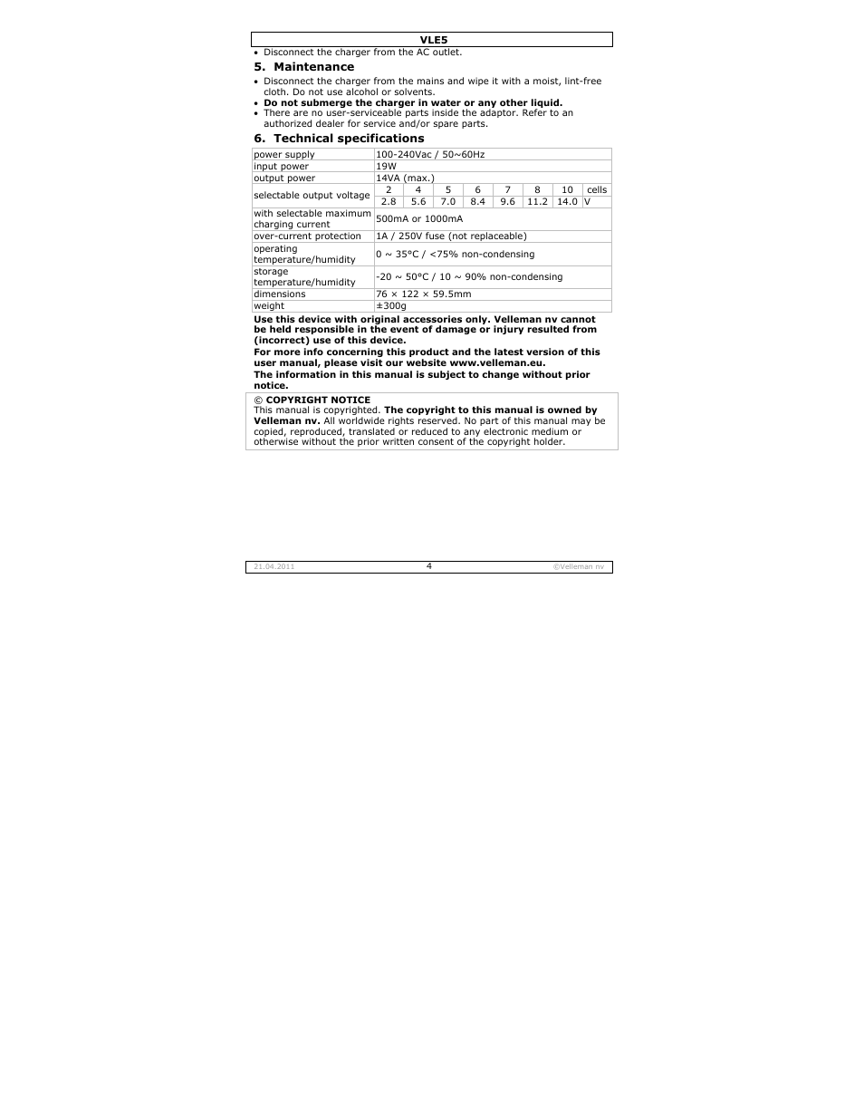 Velleman VLE5 User Manual | Page 4 / 20