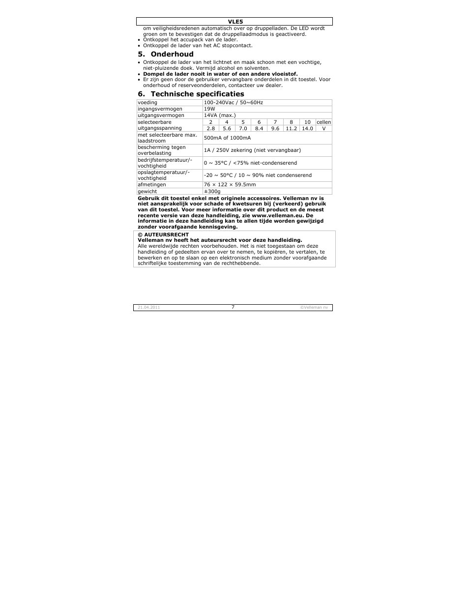 Onderhoud, Technische specificaties | Velleman VLE5 User Manual | Page 7 / 20