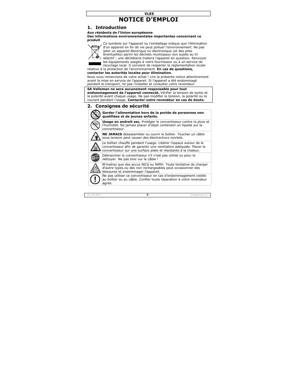 Notice d'emploi, Tice d’em, Mploi | Intr, Roduction, Nsignes de s, Sécurité | Velleman VLE5 User Manual | Page 8 / 20