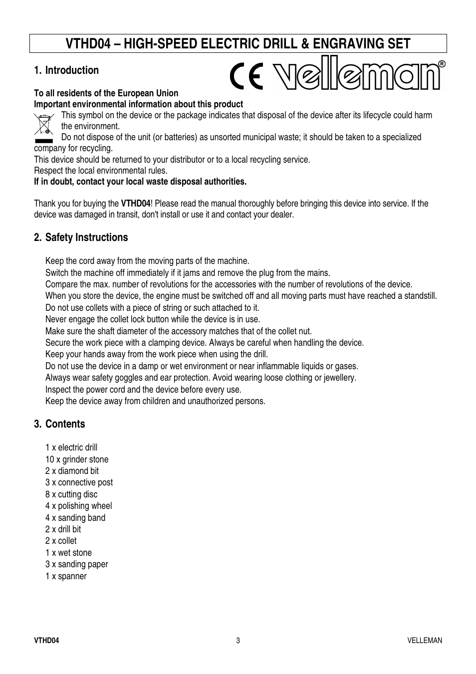 Vthd04 – high-speed electric drill & engraving set | Velleman VTHD04 User Manual | Page 3 / 10