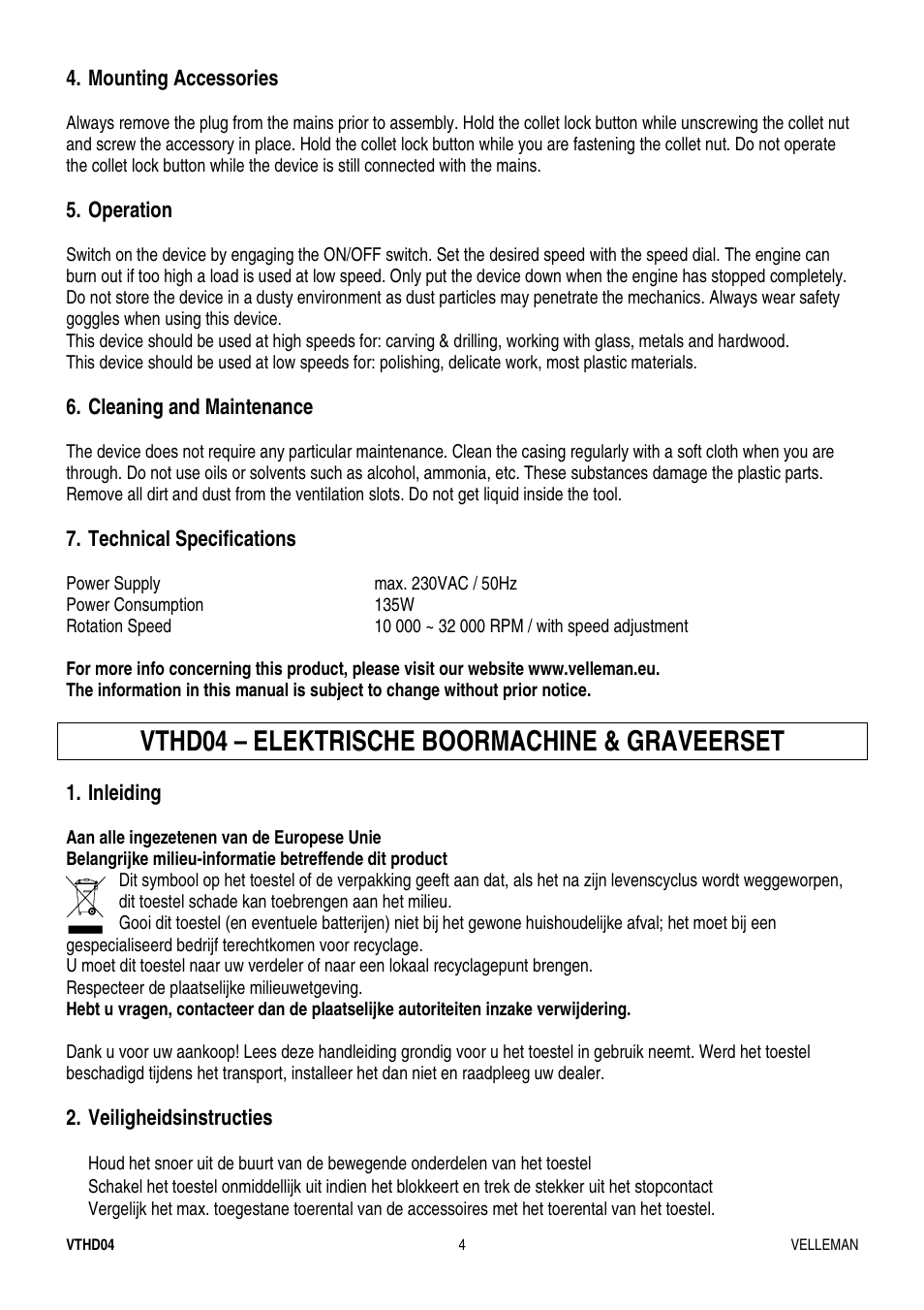 Vthd04 – elektrische boormachine & graveerset | Velleman VTHD04 User Manual | Page 4 / 10