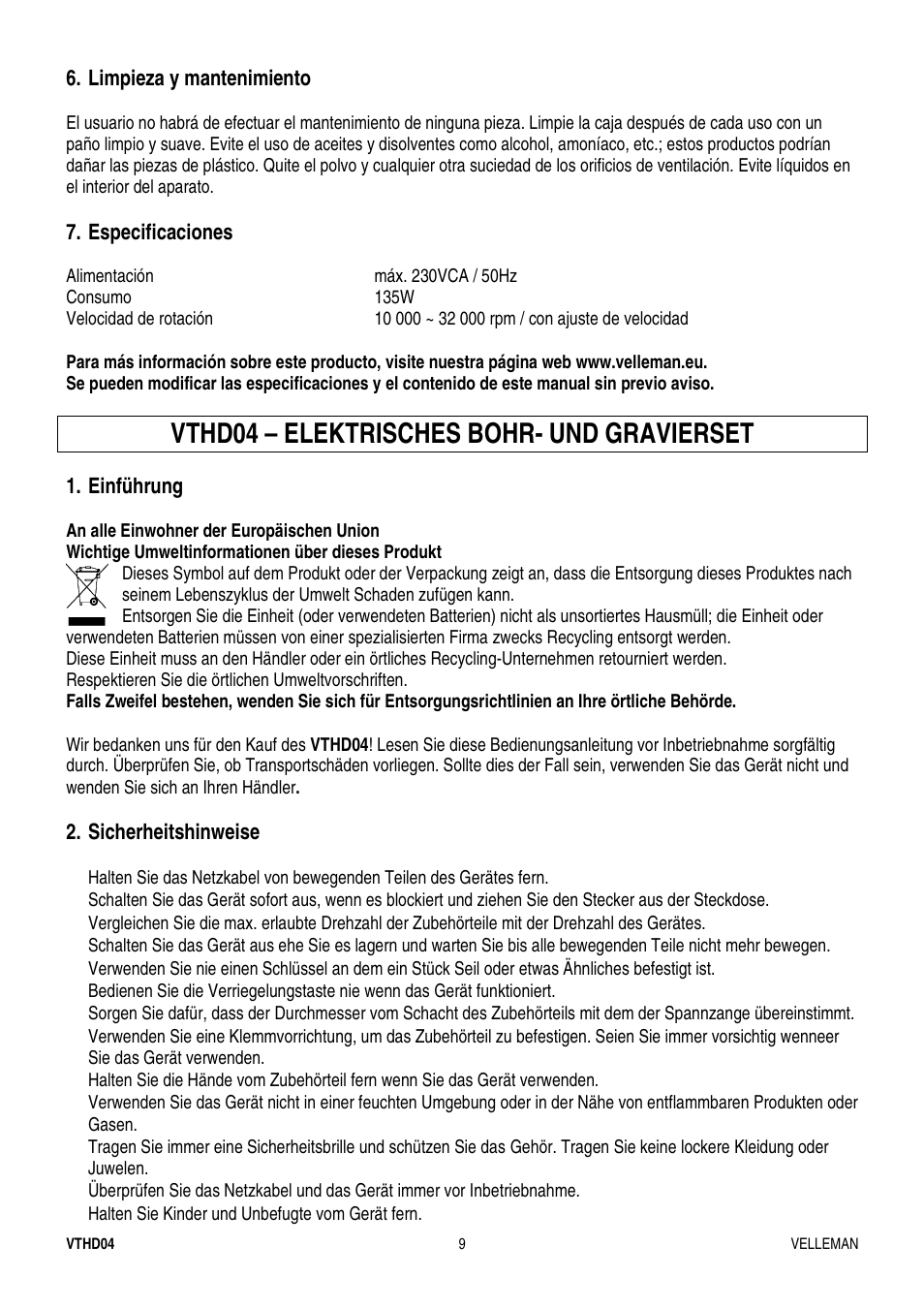 Vthd04 – elektrisches bohr- und gravierset | Velleman VTHD04 User Manual | Page 9 / 10