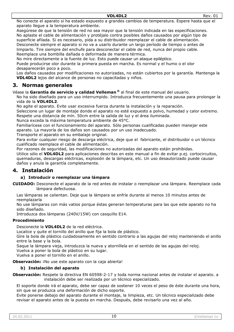 Normas generales, Instalación | Velleman VDL4DL2 User Manual | Page 10 / 16