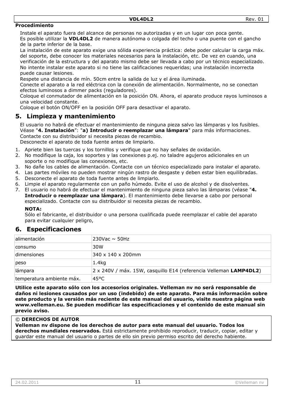 Limpieza y mantenimiento, Especificaciones | Velleman VDL4DL2 User Manual | Page 11 / 16