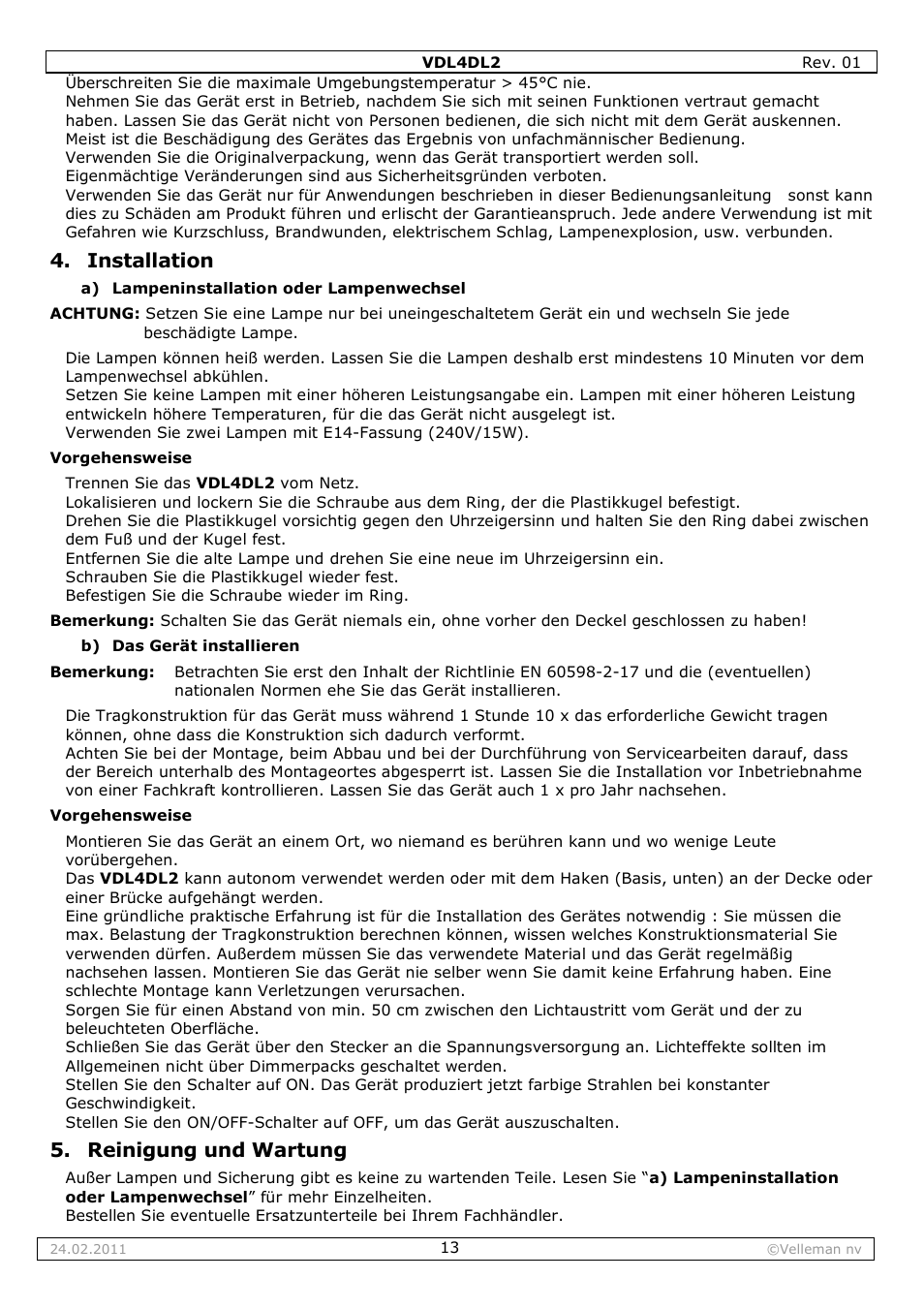 Installation, Reinigung und wartung | Velleman VDL4DL2 User Manual | Page 13 / 16