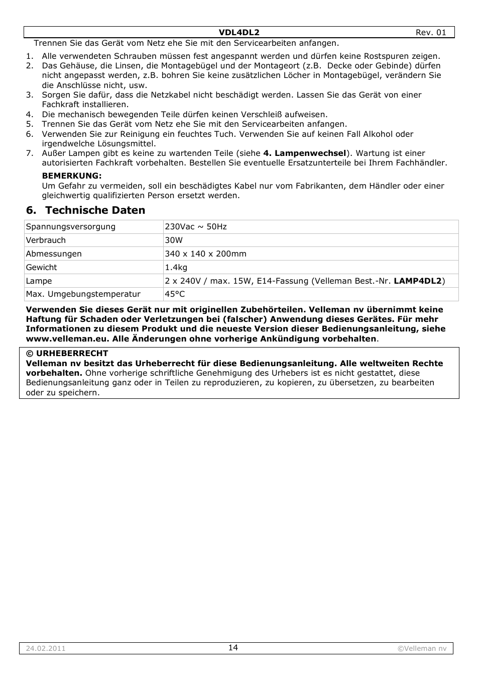 Technische daten | Velleman VDL4DL2 User Manual | Page 14 / 16