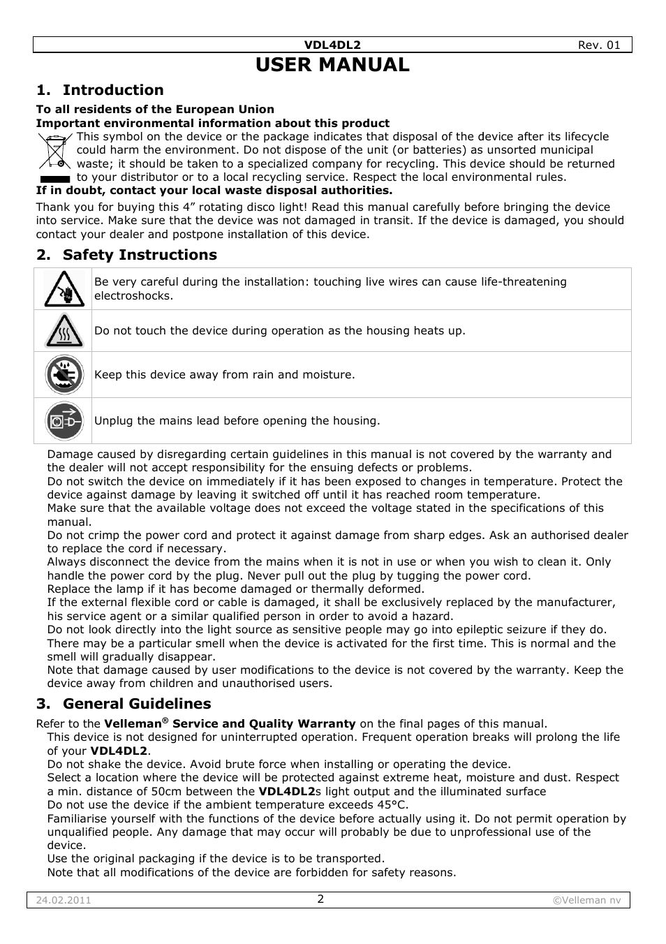 User manual, Introduction, Safety instructions | General guidelines | Velleman VDL4DL2 User Manual | Page 2 / 16