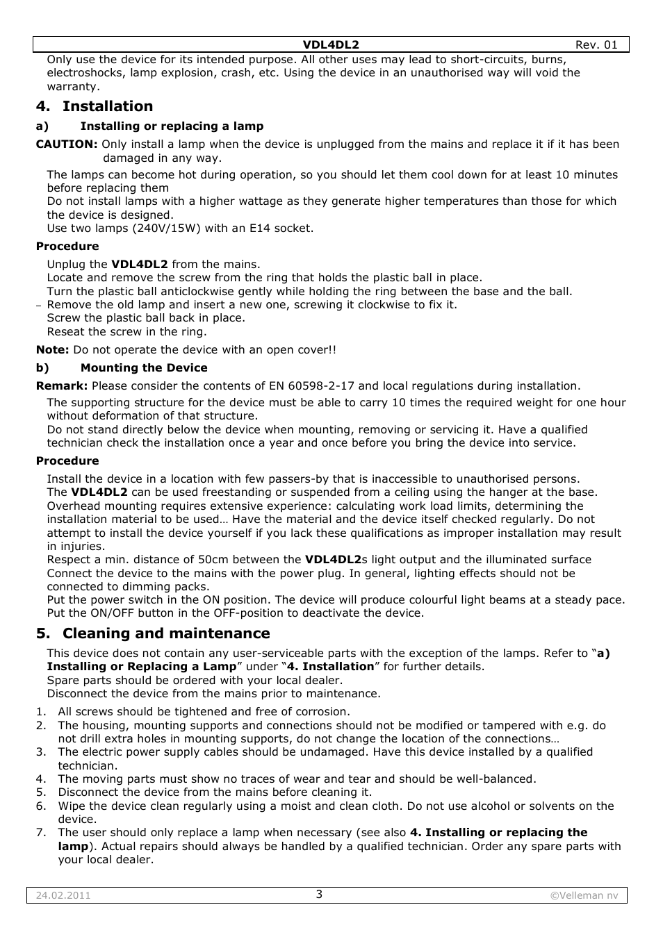 Installation, Cleaning and maintenance | Velleman VDL4DL2 User Manual | Page 3 / 16
