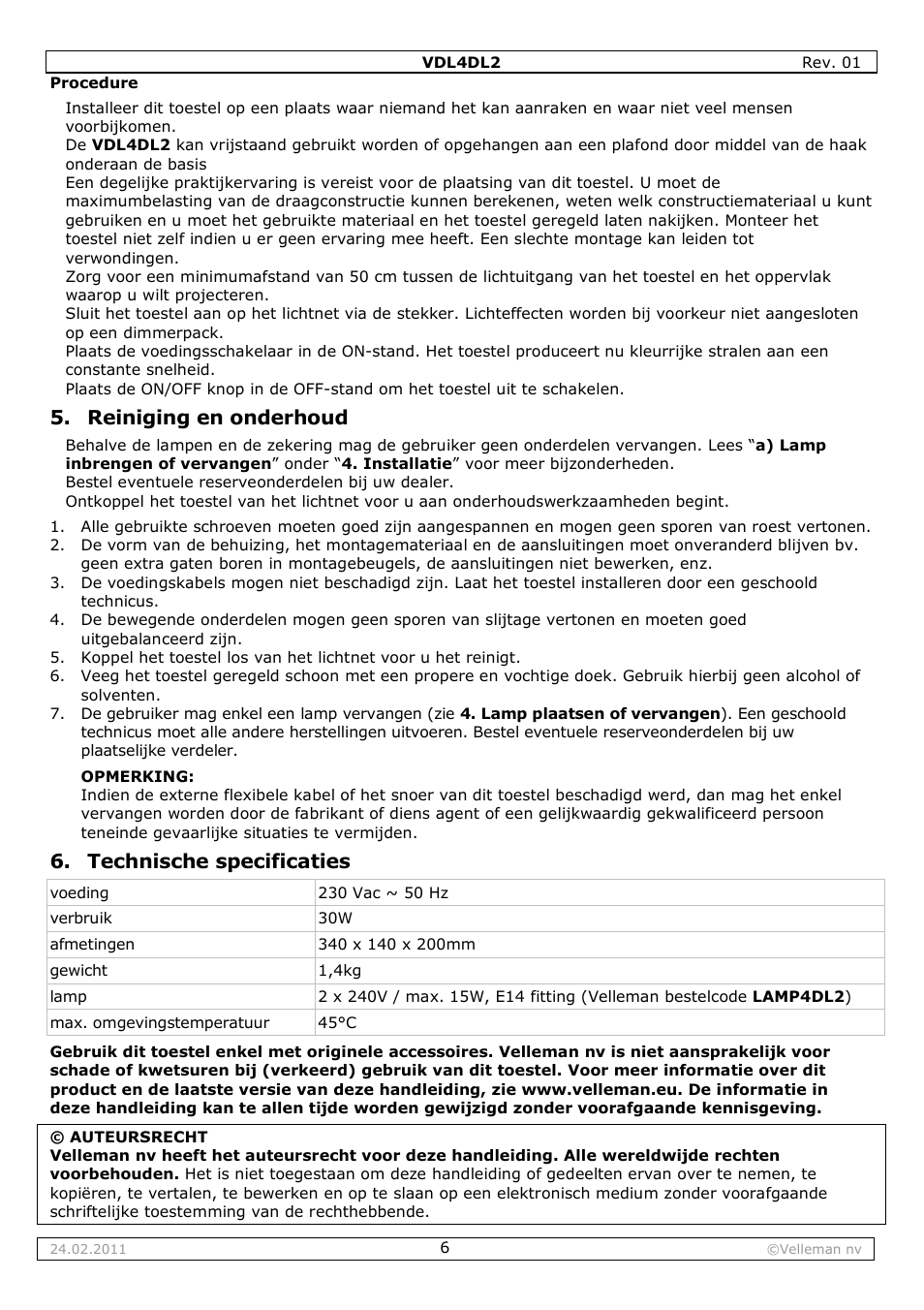 Reiniging en onderhoud, Technische specificaties | Velleman VDL4DL2 User Manual | Page 6 / 16