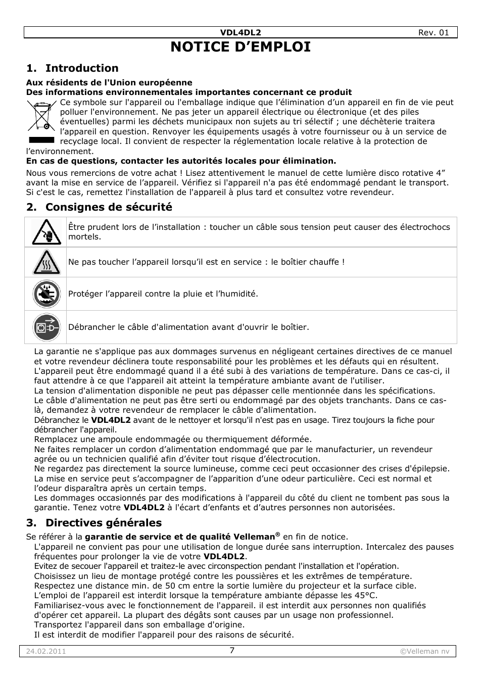 Notice d’emploi, Introduction, Consignes de sécurité | Directives générales | Velleman VDL4DL2 User Manual | Page 7 / 16