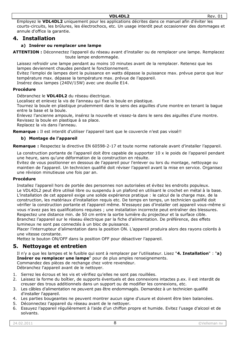 Installation, Nettoyage et entretien | Velleman VDL4DL2 User Manual | Page 8 / 16