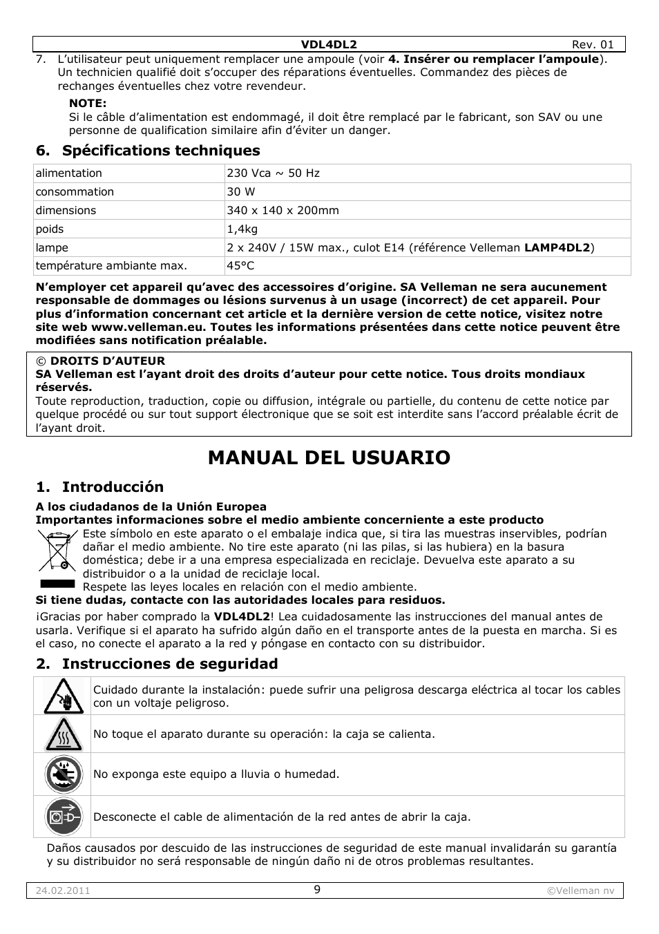 Manual del usuario, Spécifications techniques, Introducción | Instrucciones de seguridad | Velleman VDL4DL2 User Manual | Page 9 / 16