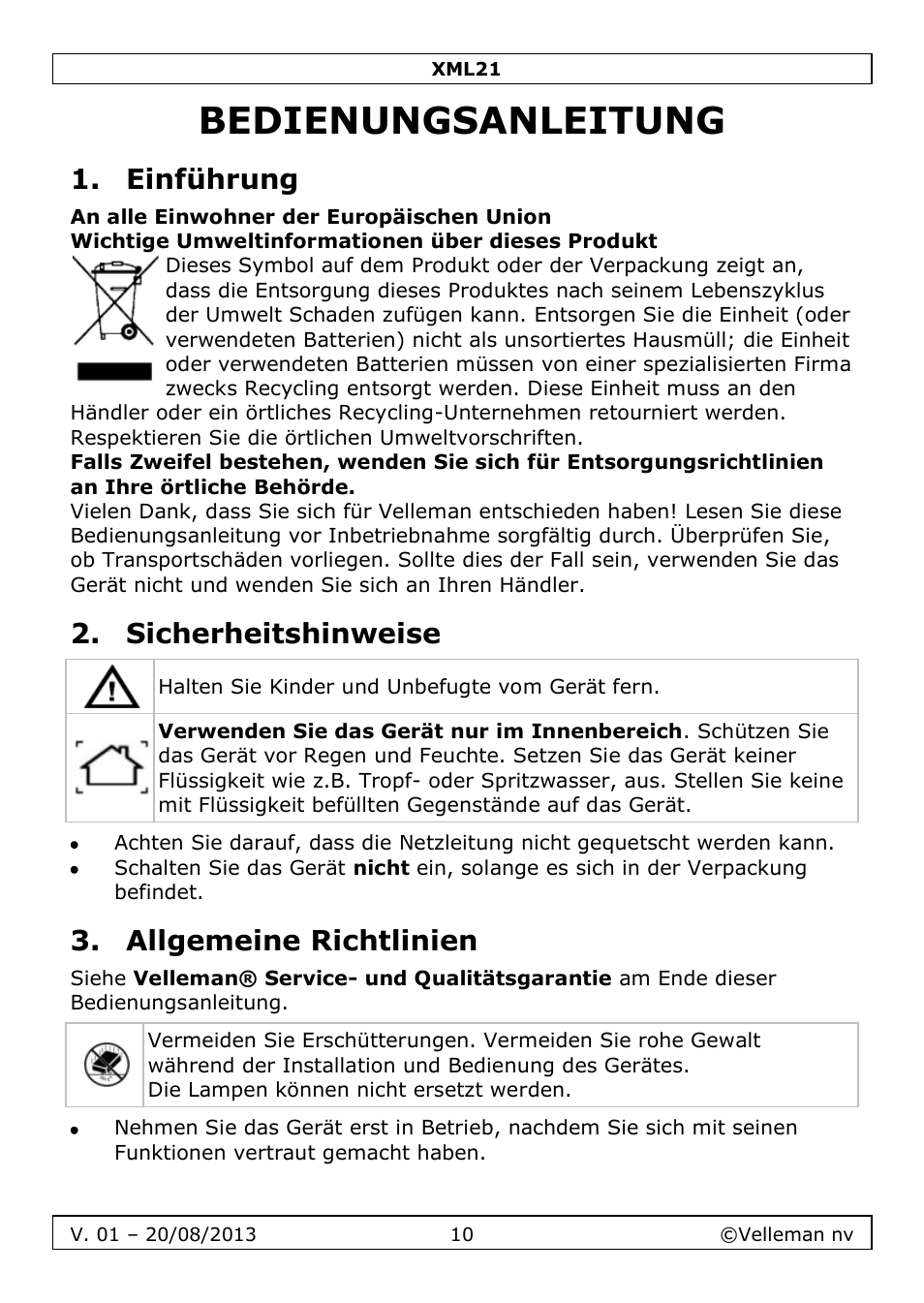 Bedienungsanleitung, Einführung, Sicherheitshinweise | Allgemeine richtlinien | Velleman XML21 User Manual | Page 10 / 20