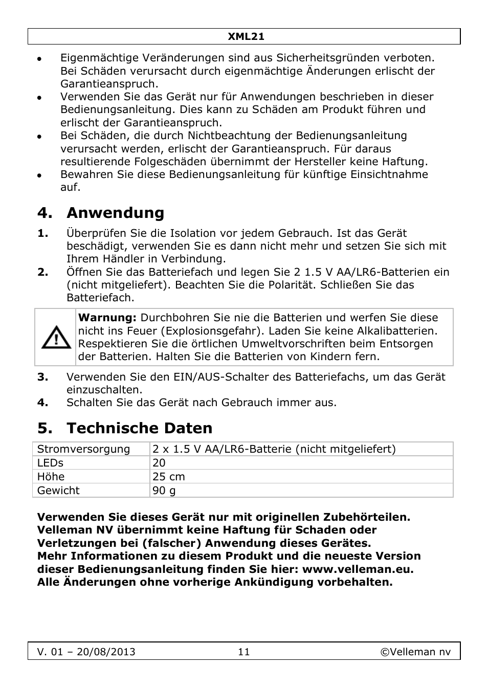 Anwendung, Technische daten | Velleman XML21 User Manual | Page 11 / 20
