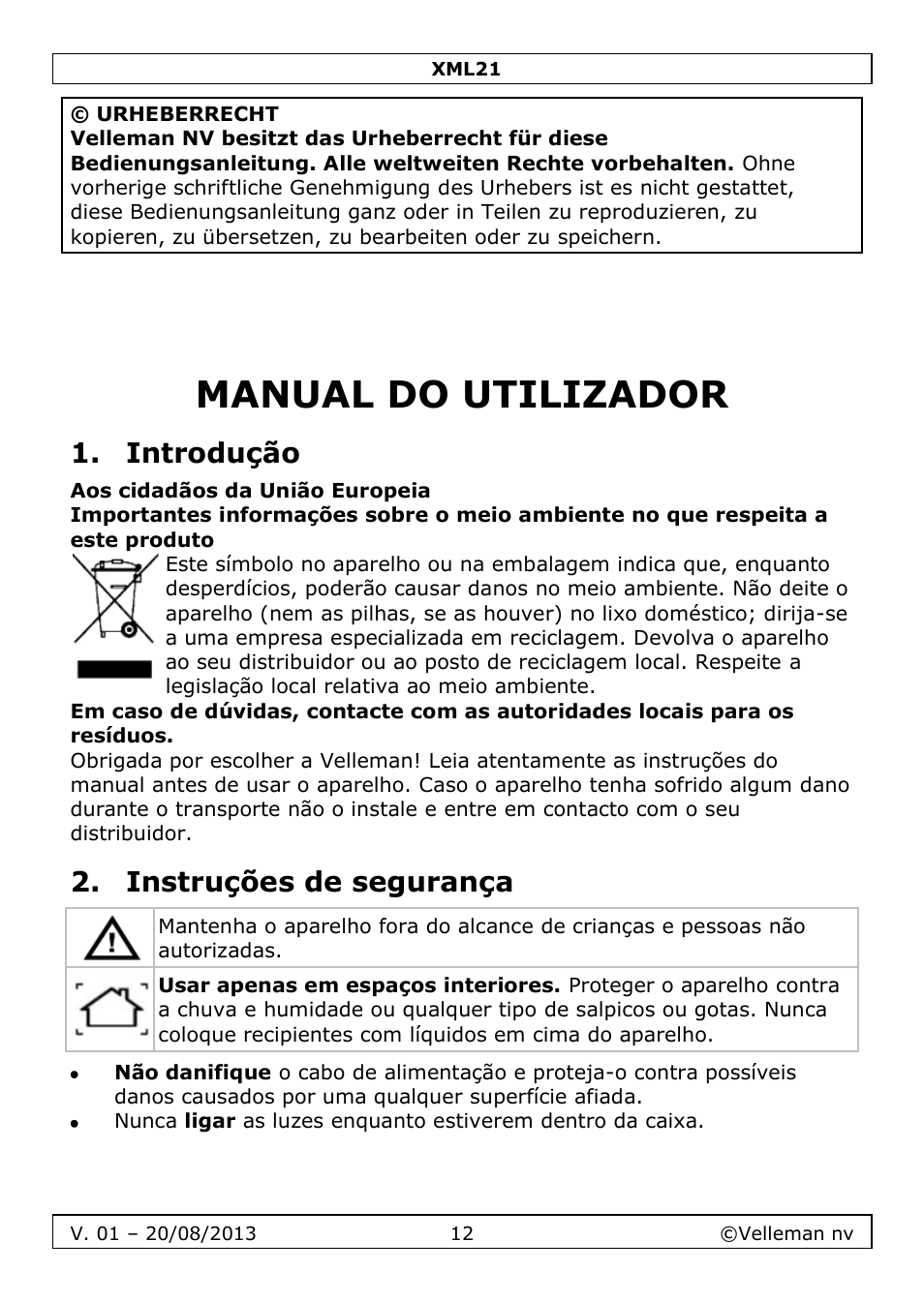 Manual do utilizador, Introdução, Instruções de segurança | Velleman XML21 User Manual | Page 12 / 20