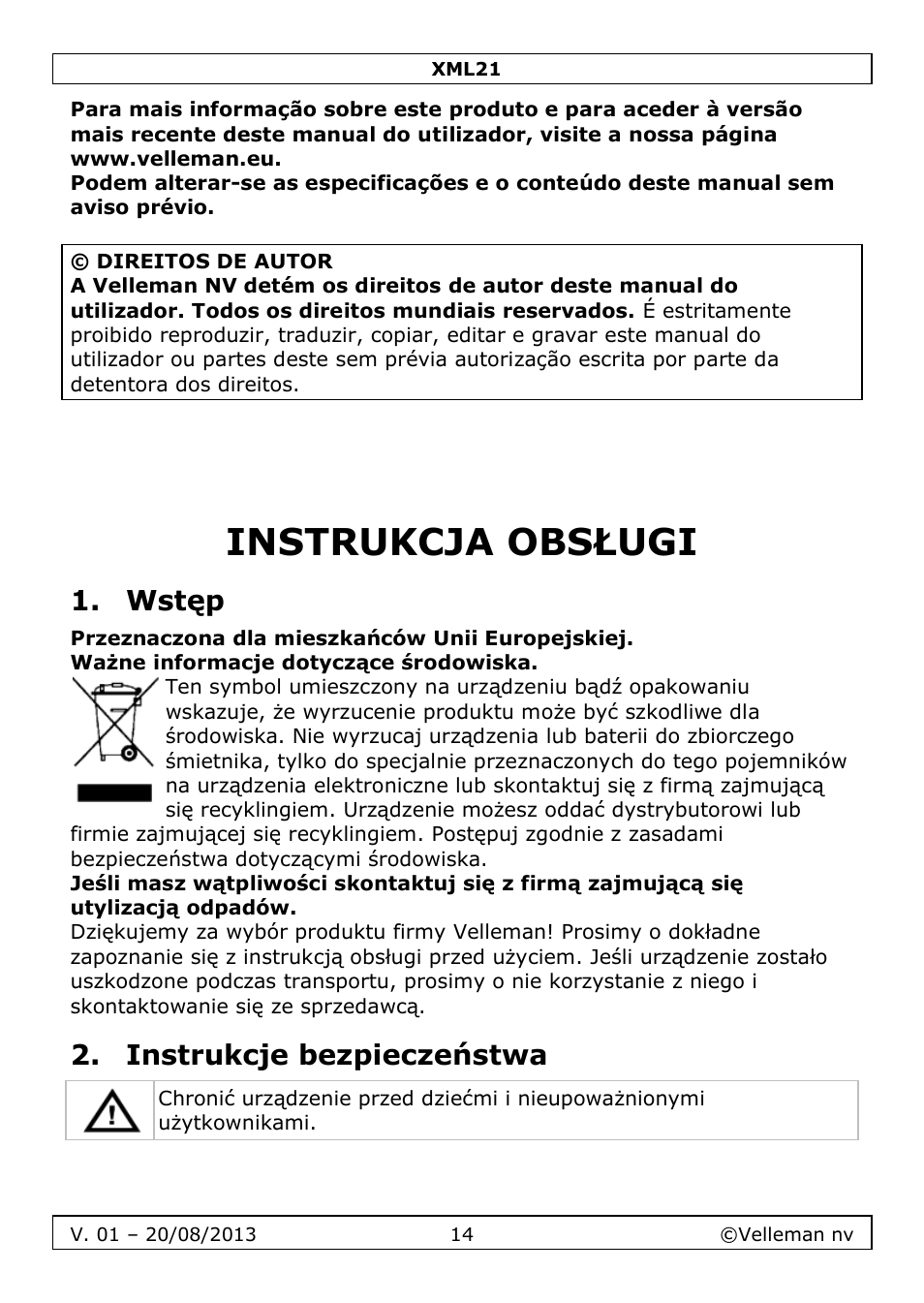 Instrukcja obsługi, Wstęp, Instrukcje bezpieczeństwa | Velleman XML21 User Manual | Page 14 / 20