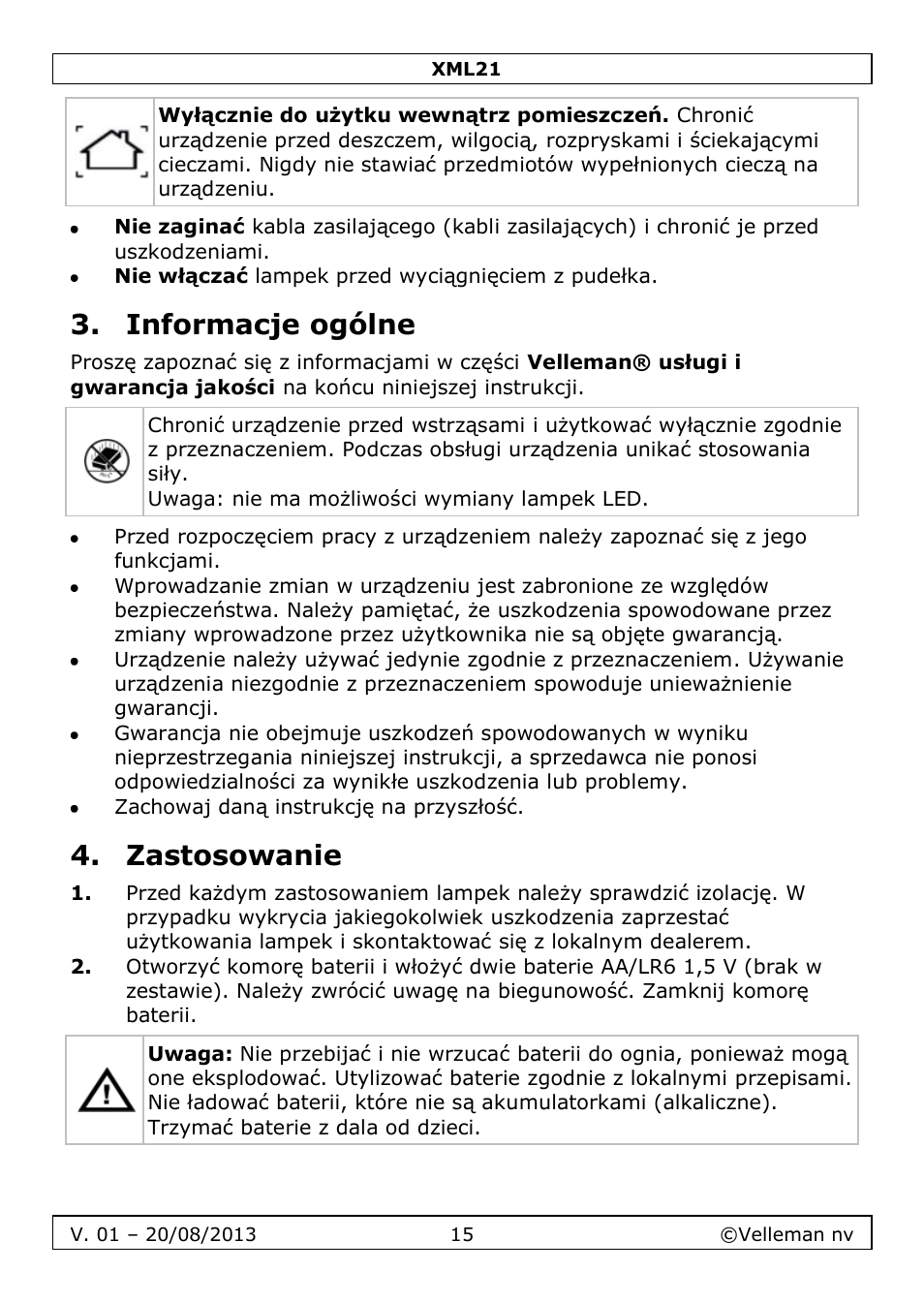 Informacje ogólne, Zastosowanie | Velleman XML21 User Manual | Page 15 / 20