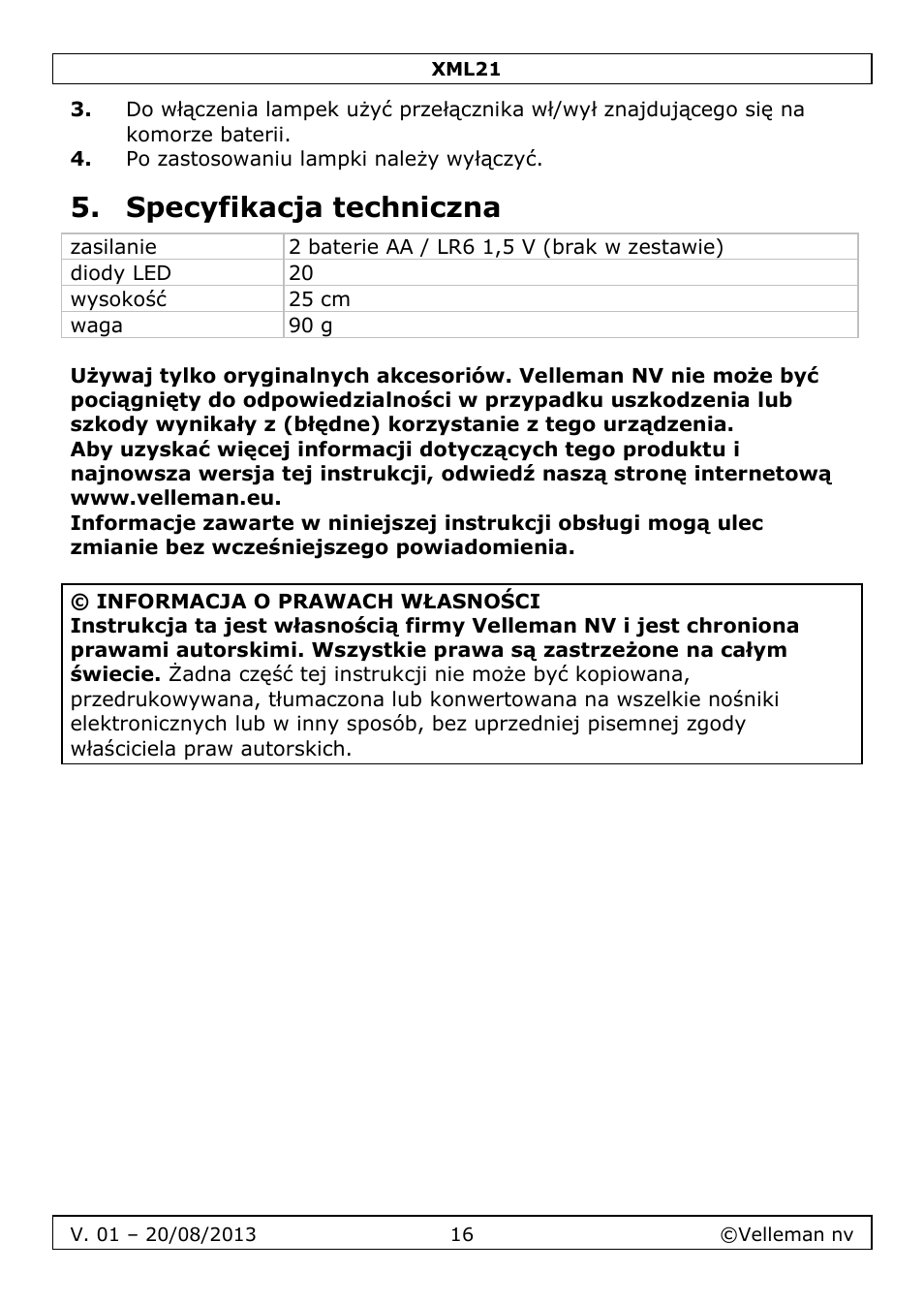 Specyfikacja techniczna | Velleman XML21 User Manual | Page 16 / 20