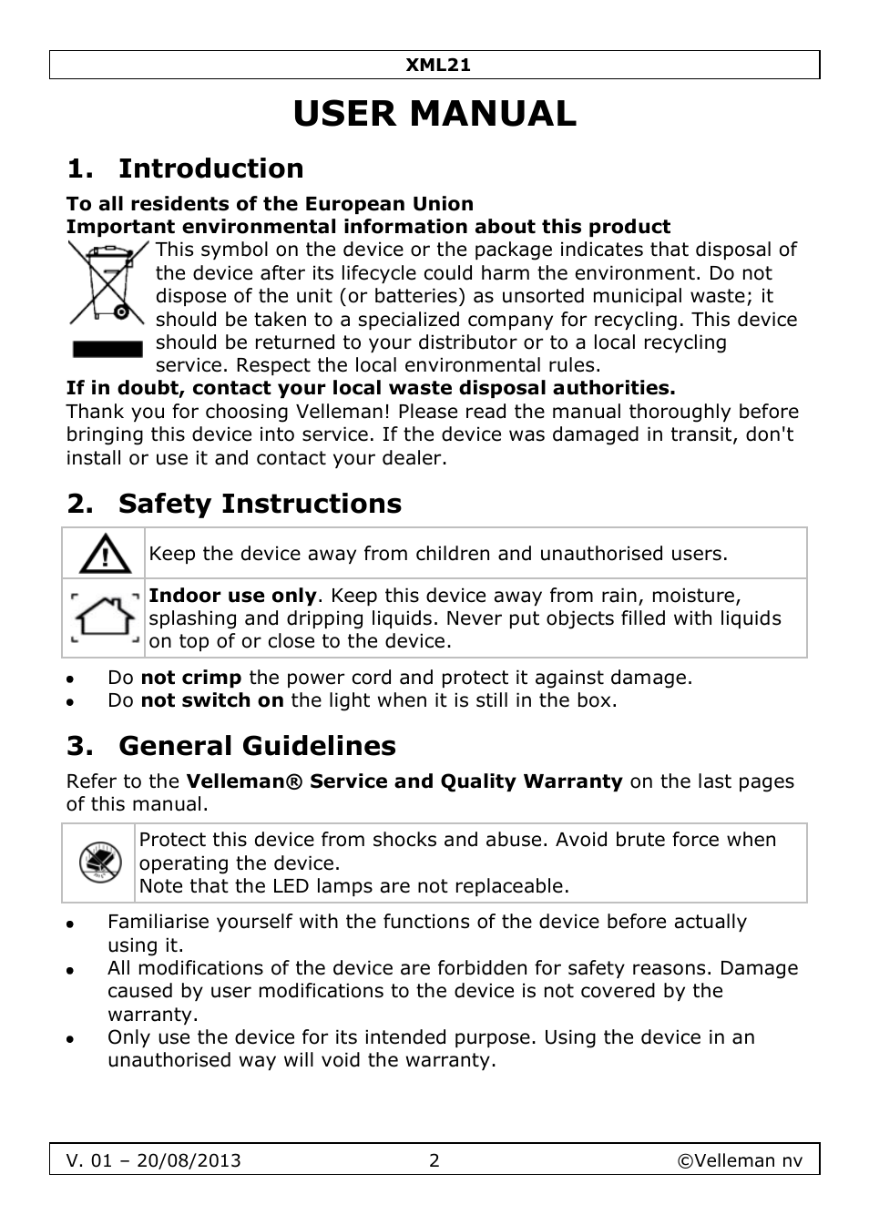 User manual, Introduction, Safety instructions | General guidelines | Velleman XML21 User Manual | Page 2 / 20