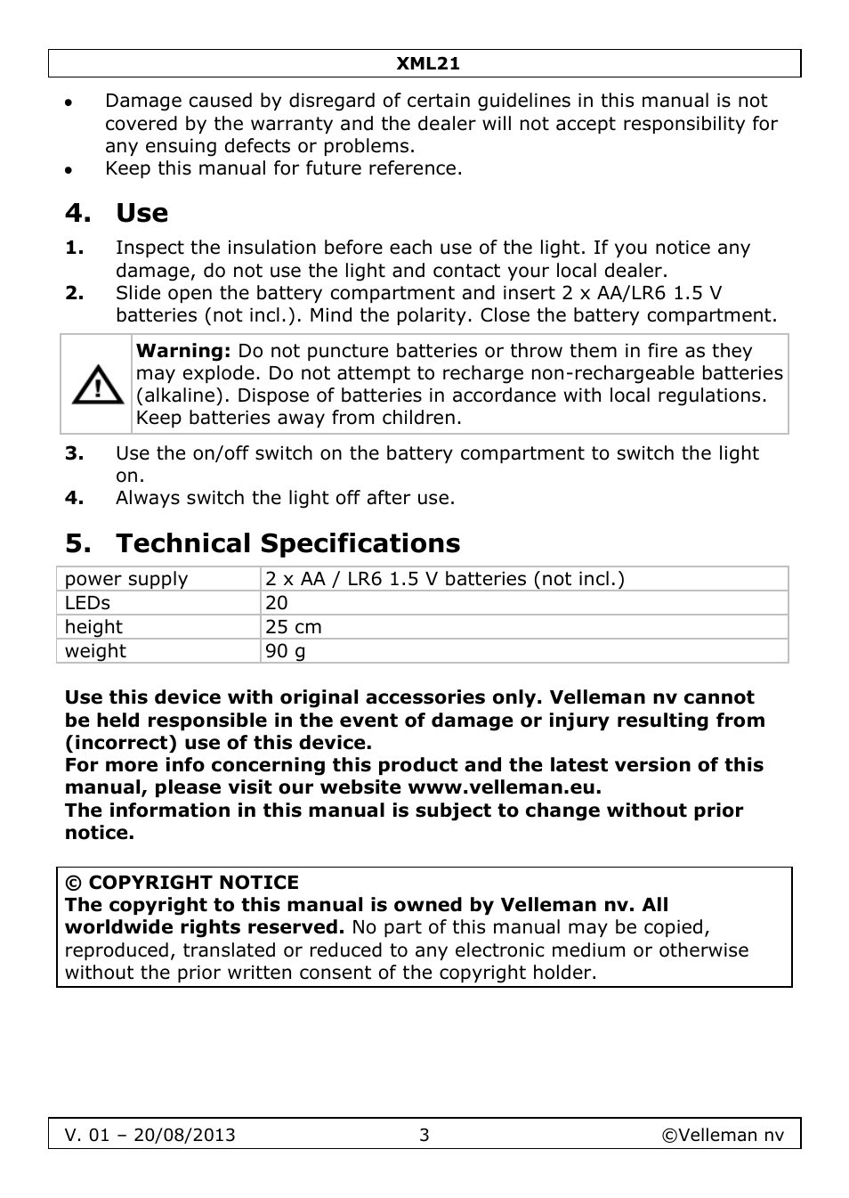 Technical specifications | Velleman XML21 User Manual | Page 3 / 20
