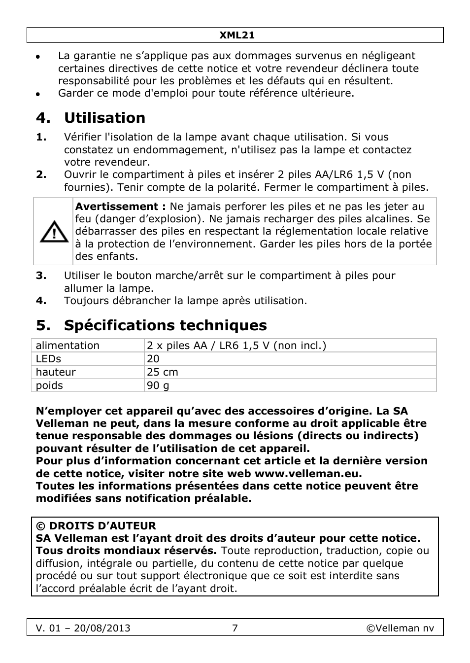 Utilisation, Spécifications techniques | Velleman XML21 User Manual | Page 7 / 20