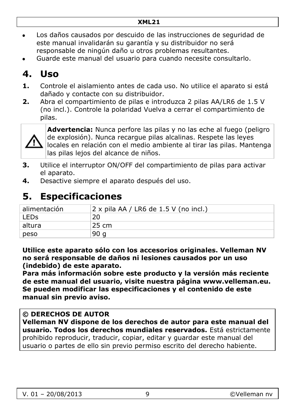 Especificaciones | Velleman XML21 User Manual | Page 9 / 20
