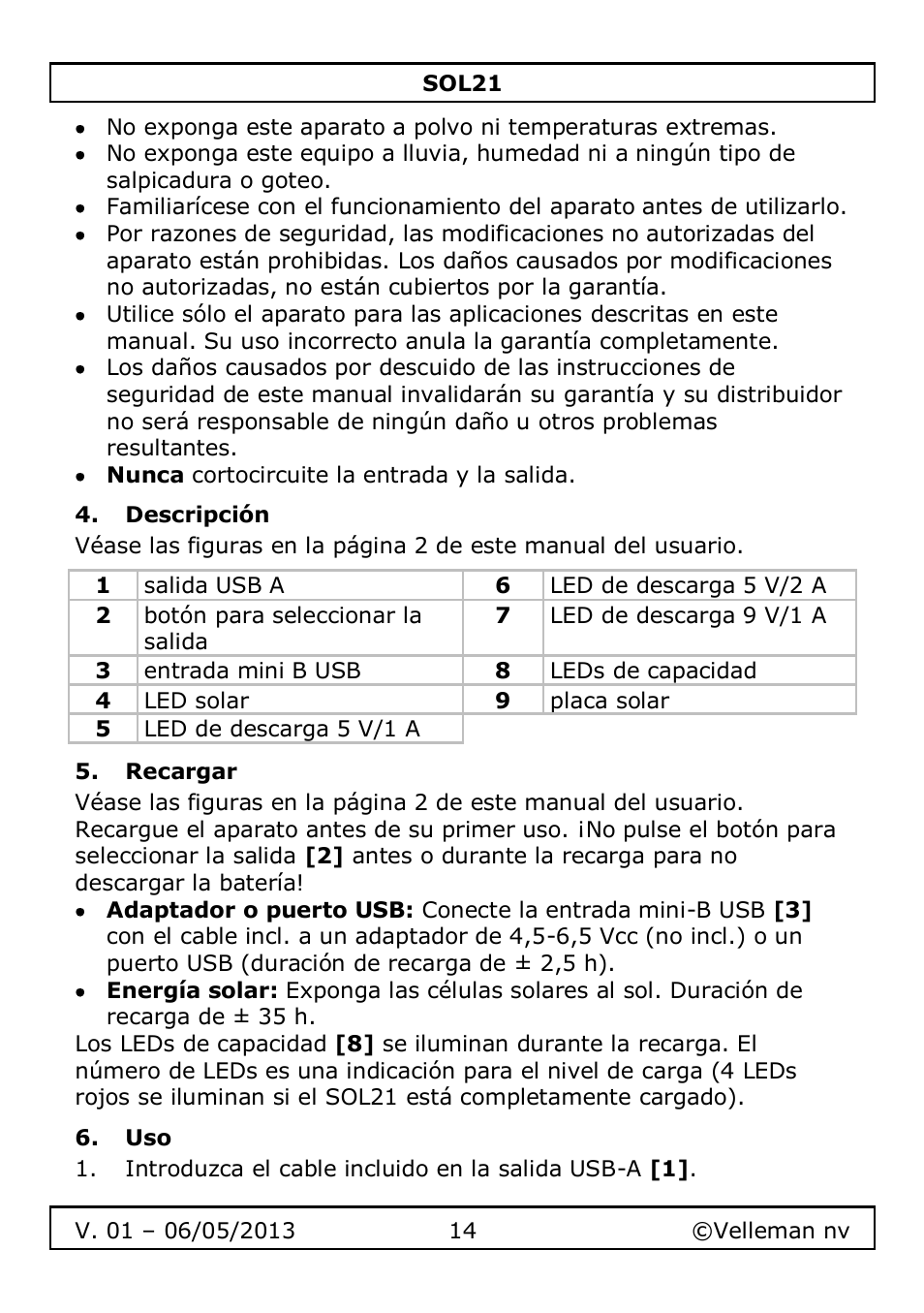 Descripción, Recargar | Velleman SOL21 User Manual | Page 14 / 28