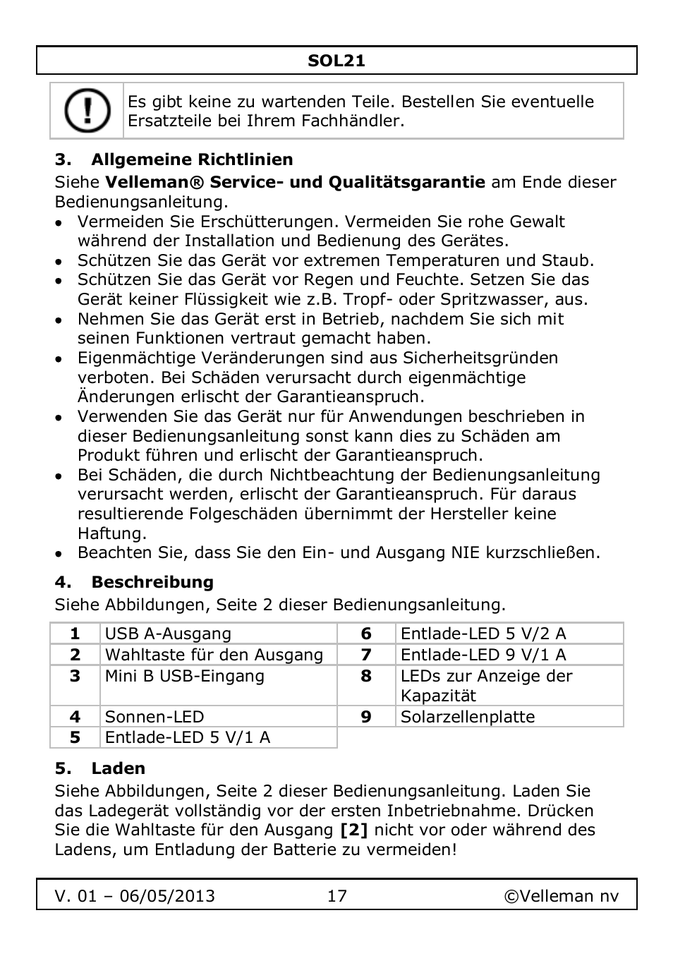 Allgemeine richtlinien, Beschreibung, Laden | Velleman SOL21 User Manual | Page 17 / 28