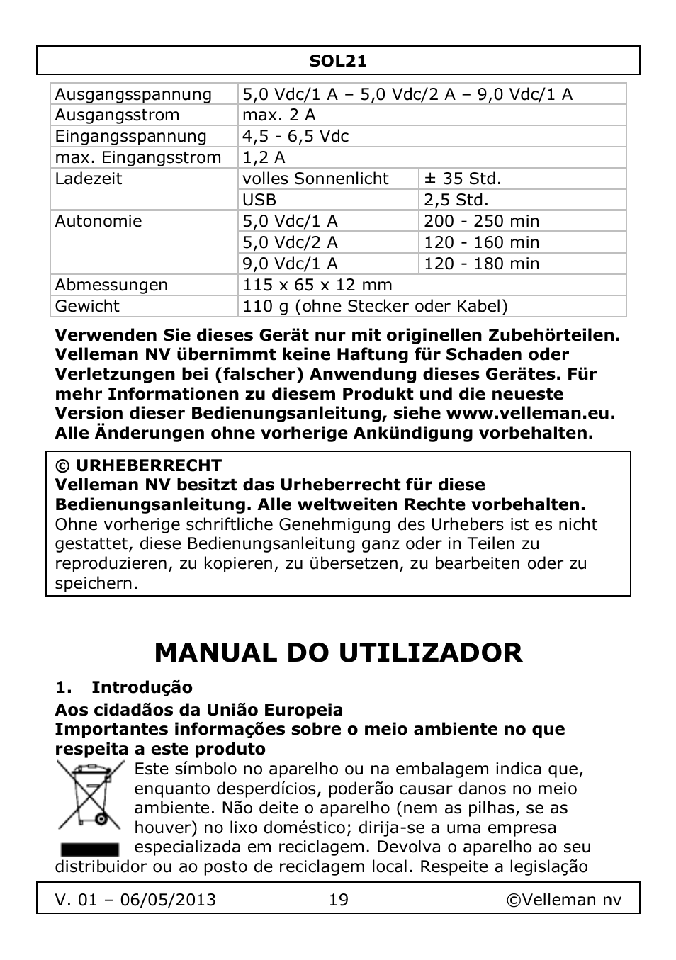 Manual do utilizador, Introdução | Velleman SOL21 User Manual | Page 19 / 28