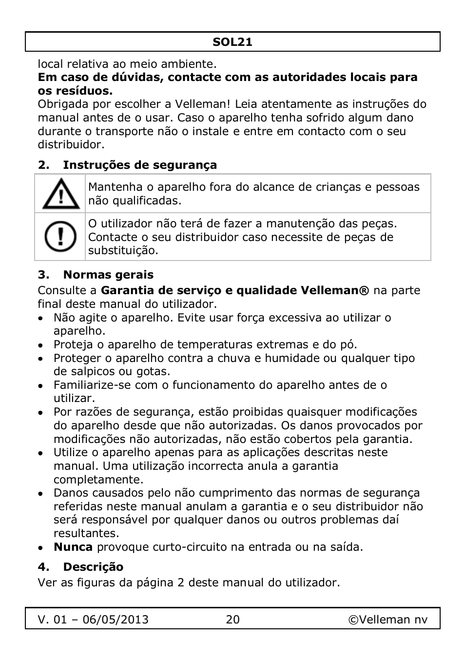 Instruções de segurança, Normas gerais, Descrição | Velleman SOL21 User Manual | Page 20 / 28