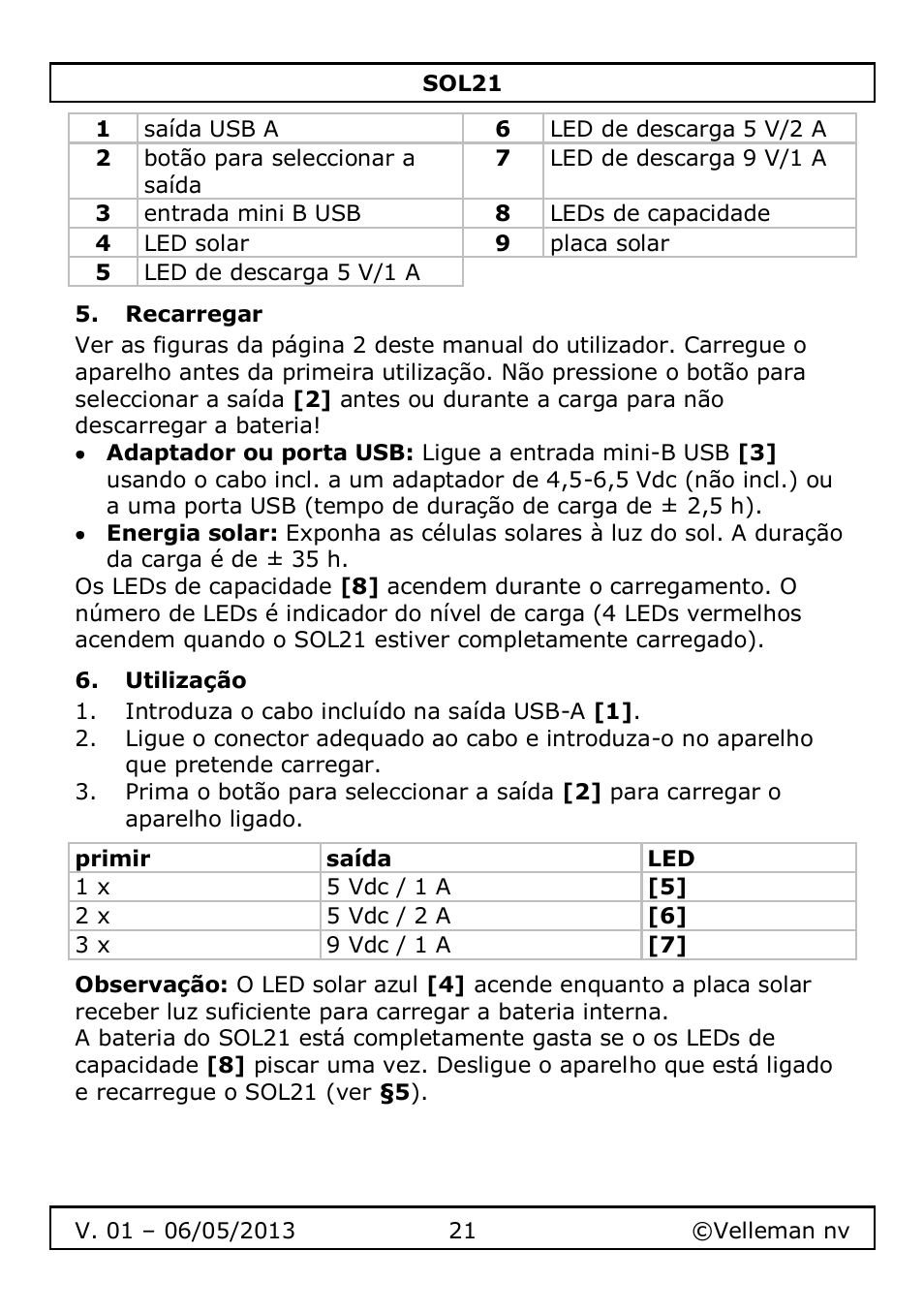 Recarregar, Utilização | Velleman SOL21 User Manual | Page 21 / 28