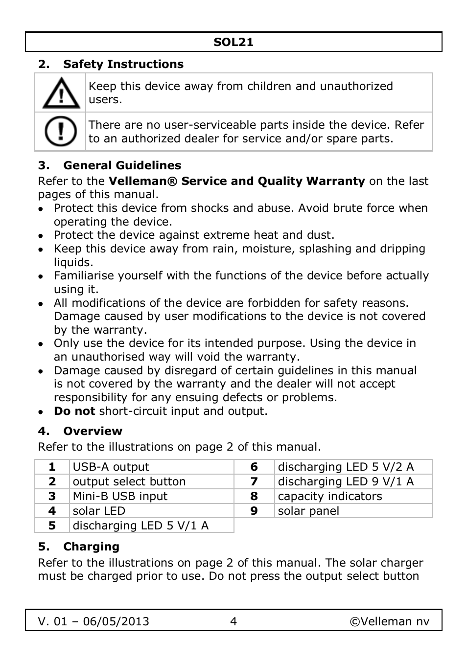 Safety instructions, General guidelines, Overview | Charging | Velleman SOL21 User Manual | Page 4 / 28