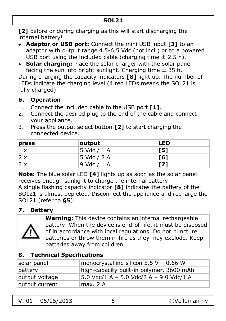 Operation, Battery, Technical specifications | Velleman SOL21 User Manual | Page 5 / 28